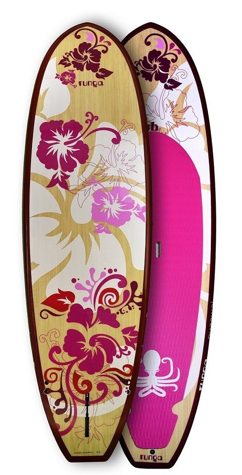 9.5, Allrounder, SUP, Up Puaawai Board 3-tlg. SUP-Board PINK Runga-Boards WOOD Hard Paddling leash Finnen-Set) Stand (Set Inkl. coiled &