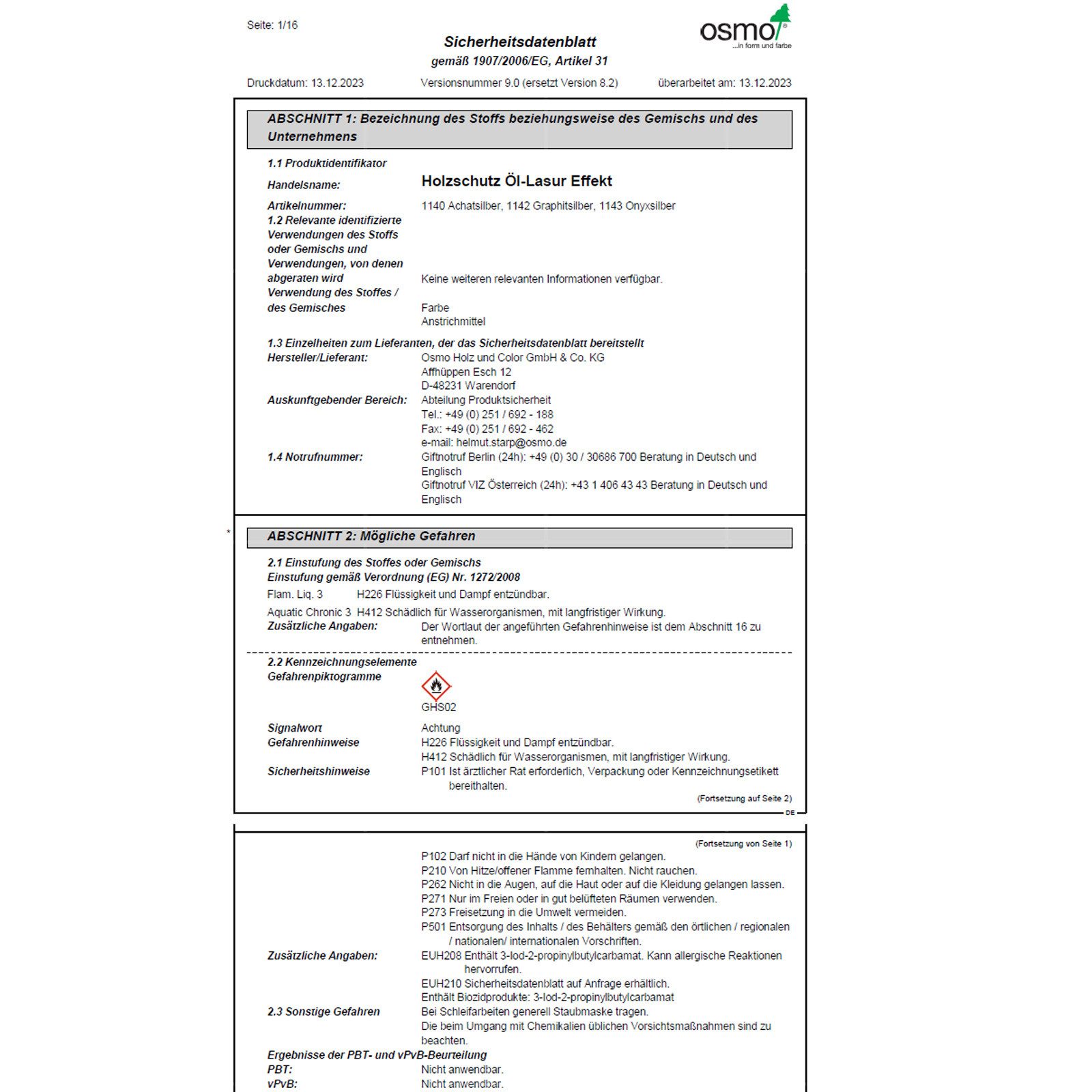 osmo Holzöl Holzschutz-Öl Lasur Effekt 2,5 LTR