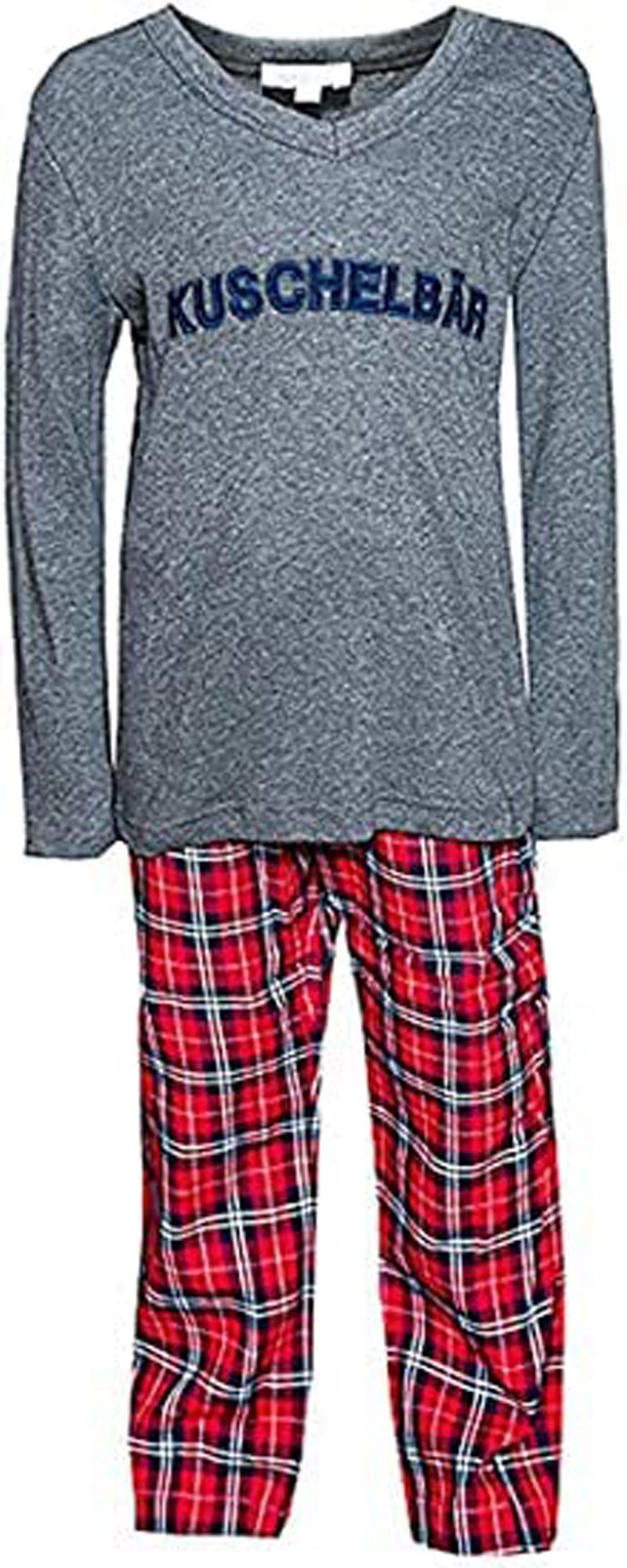 Louis & Louisa Schlafanzug Louis & Louis Pyjama Kuschelbär grau Karo(92/98) für Jungen