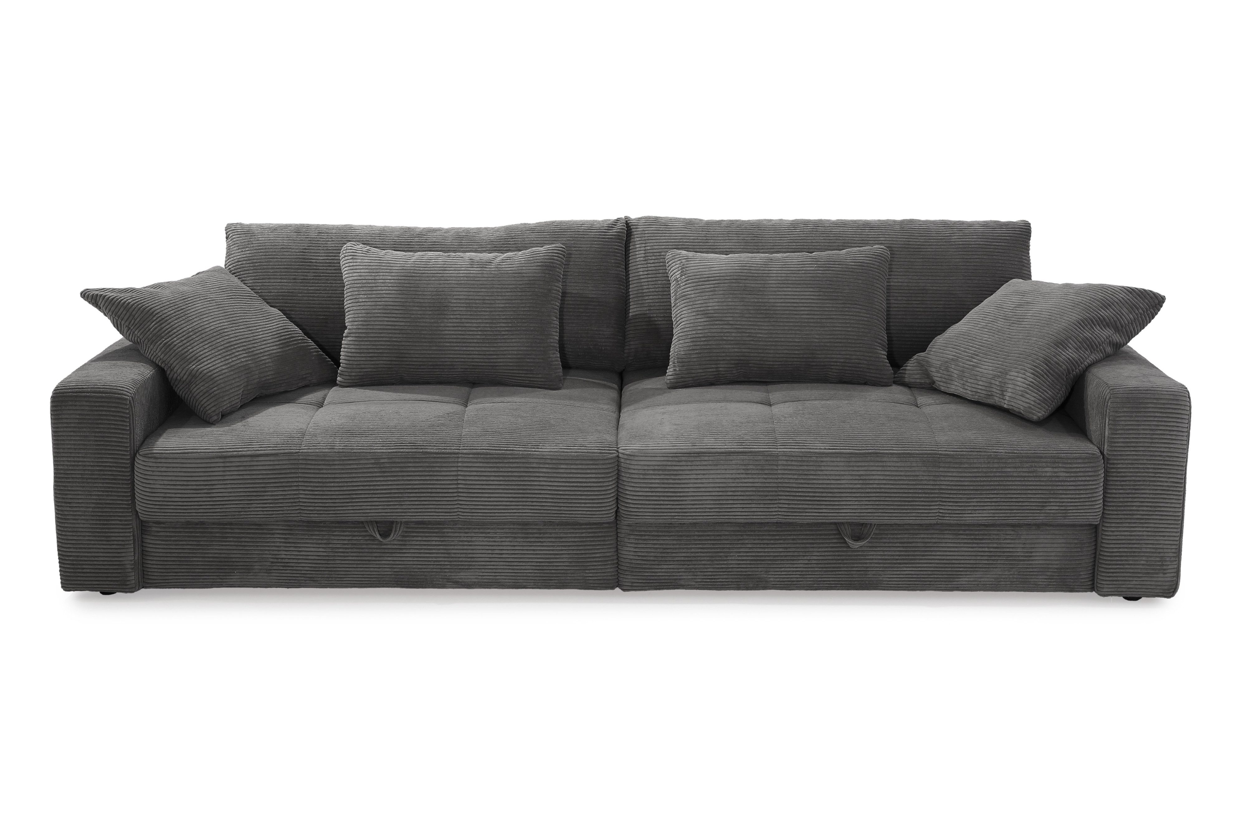 luma-home Big-Sofa 15261, Lounge Couch B284/T113/H84 cm, Wellenunterfederung, markante Steppungen, 2 Bettkästen, Bezug Cord in Dunkelgrau
