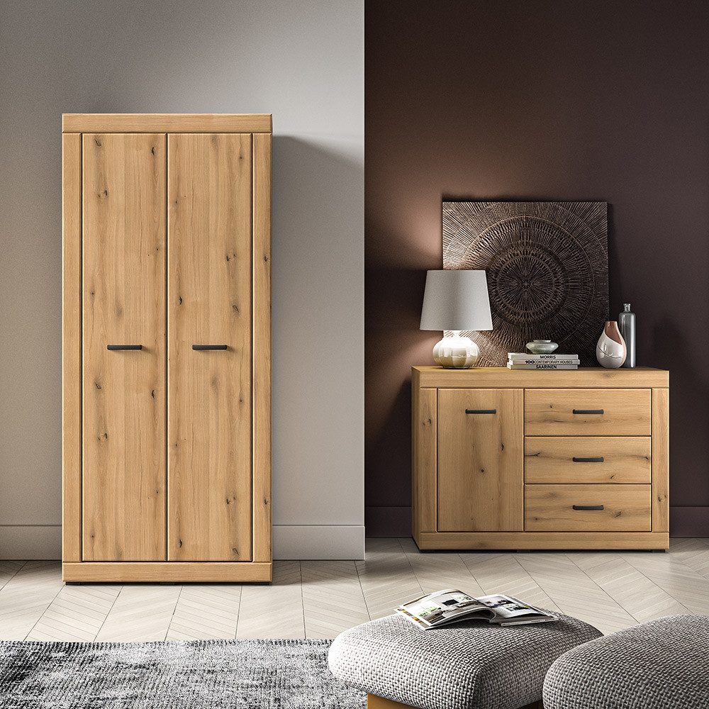 Lomadox Schlafzimmer-Set DAKAR-131, (Spar-Set, 2-tlg., Kleiderschrank Kommode), in Eiche, modern, schwarze Griffe
