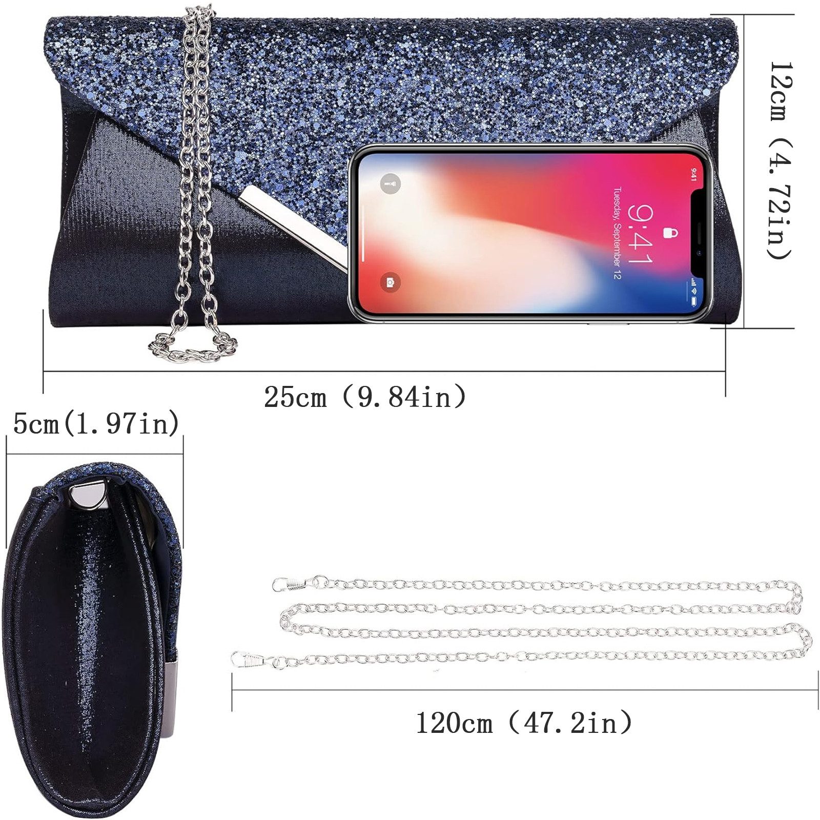 MOPUEA Abendtasche Pailletten Clutch Damen Abendtasche Schulter Umhängetasche (Einzelpack, 1 x Glitzer Clutch mit abnehmbarer Schulterkette), Glitzernd, elegant – Bild 5 von 5