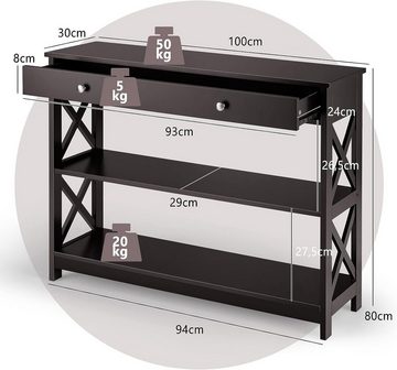 KOMFOTTEU Konsolentisch Eingangstisch, mit Schublade und 2 Ablagen, 100 x 30 x 80 cm