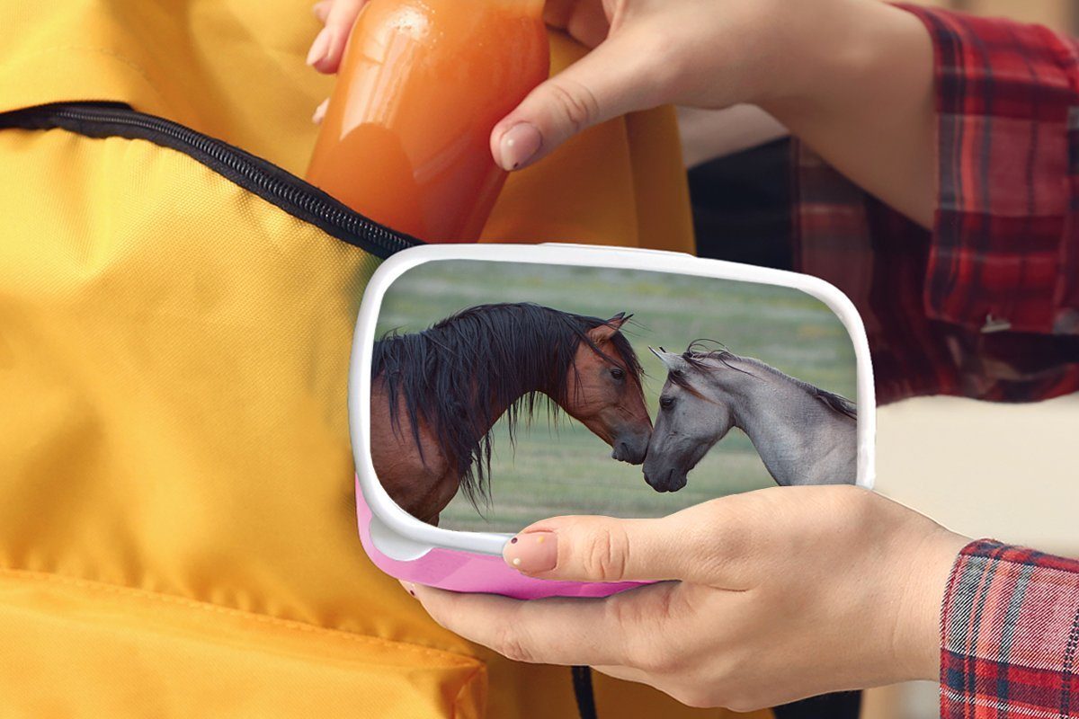 MuchoWow Lunchbox Zwei wilde Mustang-Pferde Snackbox, aneinander, ihre Mädchen, Brotbox Kinder, rosa für Köpfe Brotdose Kunststoff, Erwachsene, (2-tlg), legen Kunststoff