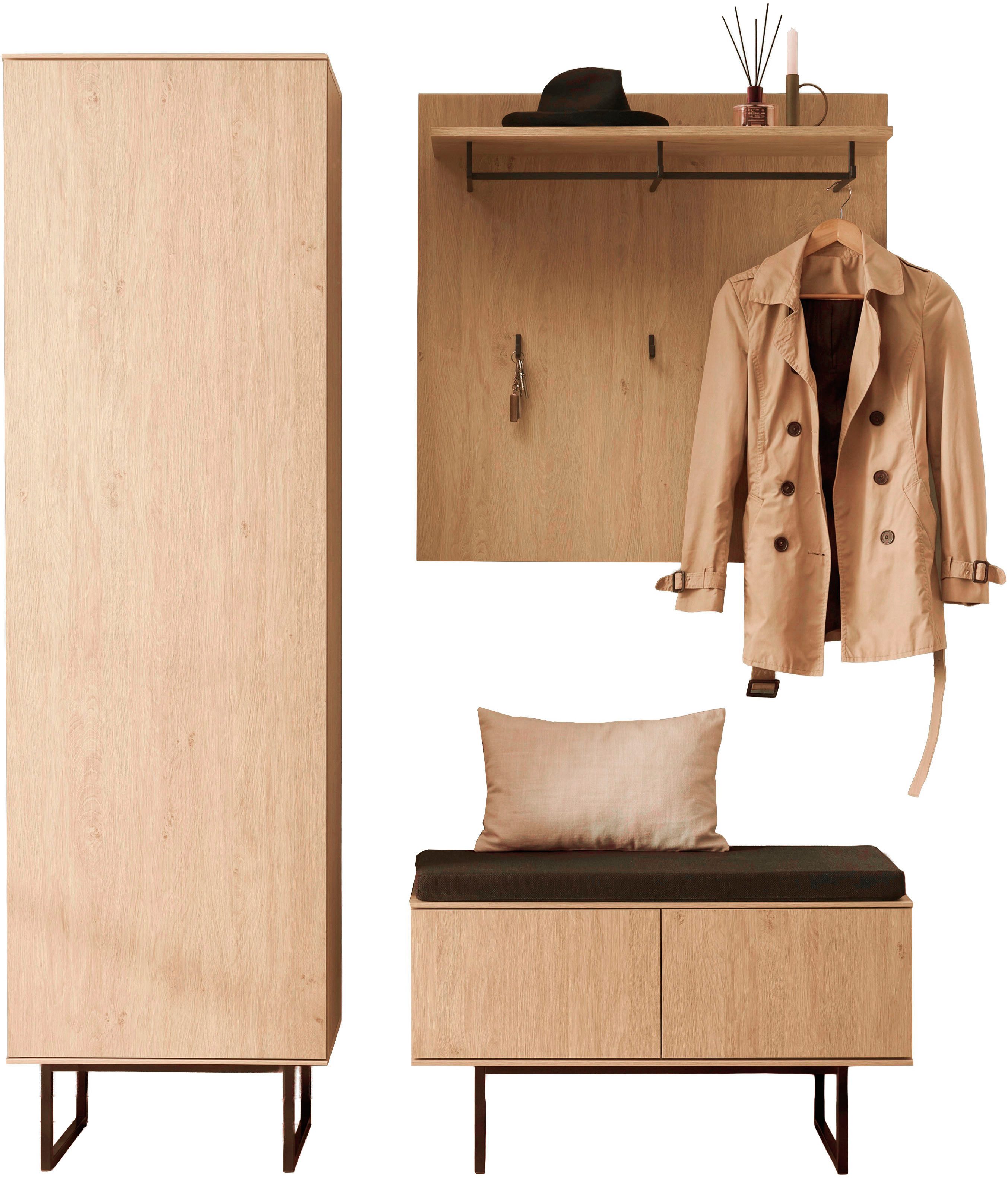 Home affaire Garderoben-Set Lund, moderne Garderobe, Komplettset mit viel Stauraum, (Set, 3-St), enthält Garderobenschrank, Garderobenpaneel, Schuhbank mit Sitzkissen
