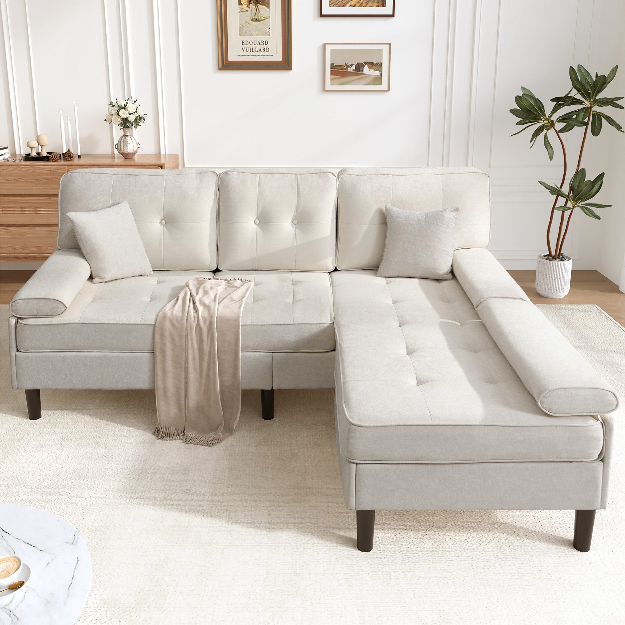 Merax Ecksofa Chenille L-Form Sofa, Platzsparendes Ecksofa für Wohnzimmer & Apartment 1 Teile, Modulares 3-Sitzer Sofa mit Chaiselongue & Fußbank, Breite: 195cm