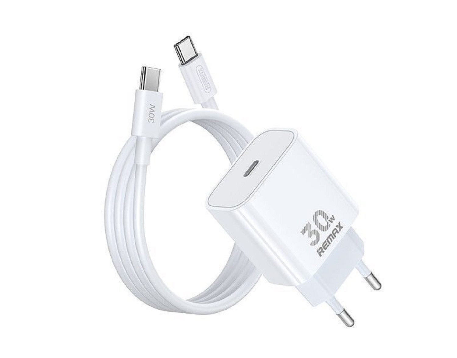 Remax Ladegerät Figen Serie 30W GaN RC-C021 USB-C + USB-C/C Kabel 1M Weiß Schnelllade-Gerät (TPE, PD30W- und GaN-Technologie)