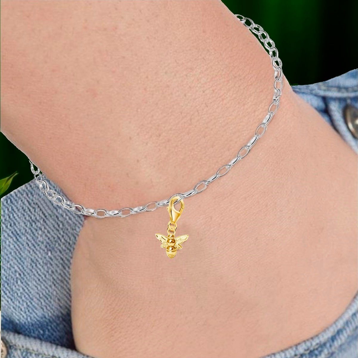Goldene Hufeisen Charm-Einhänger Biene Karabiner Charm Anhänger für Bettelarmband 925 Silber Vergoldet (inkl. Etui), für Gliederarmband oder Halskette