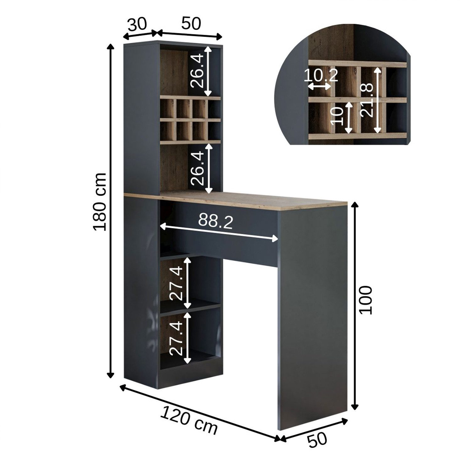 Roomart Bartisch Dublin Hausbar – Stehtisch mit Weinregal & Stauraum, 4 Farben (Bartisch Dublin – Stehtisch mit Weinregal & Stauraum in 4 Farben), •Weiß • Eiche – Bild 5 von 5