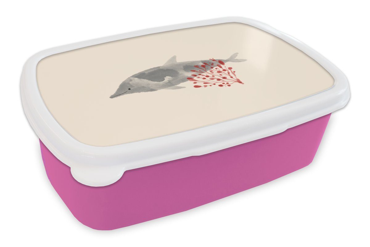 MuchoWow Lunchbox Delfin - Pflanzen - Aquarell, Kunststoff, (2-tlg), Brotbox für Erwachsene, Brotdose Kinder, Snackbox, Mädchen, Kunststoff rosa