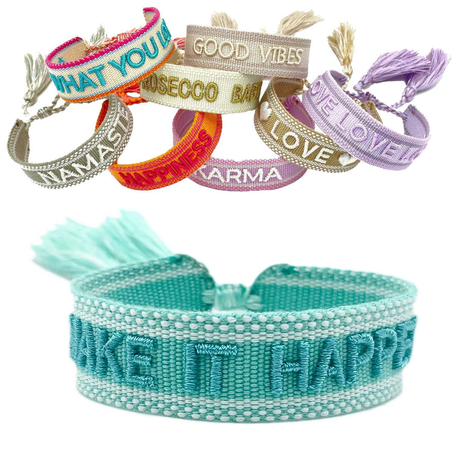 LS-LebenStil Armband Canvas Statement Armband Make it Happen Türkis Blau Quasten bestickt (Baumwollarmband Webarmband Armbandliebe Freundschaftsarmband Freundschaftsband Partnerarmband, 1-tlg., textil geflochten gewebt - hochwertiger gestickter Spruch), p