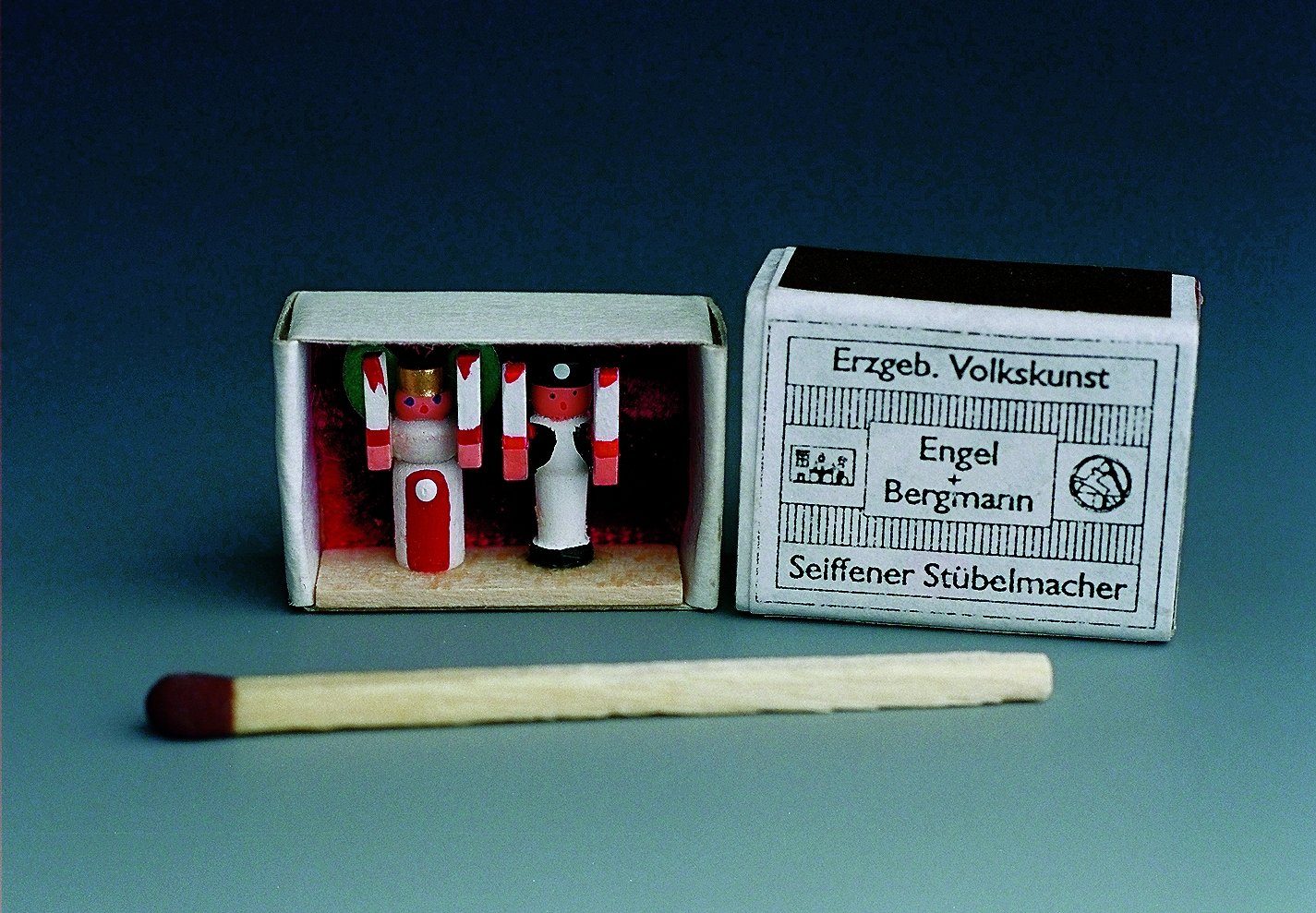 Stübelmacher Gunter Flath Weihnachtsfigur Mini Zündholzschachtel Engel und Bergmann BxH 2,5 x 1,5 cm NEU