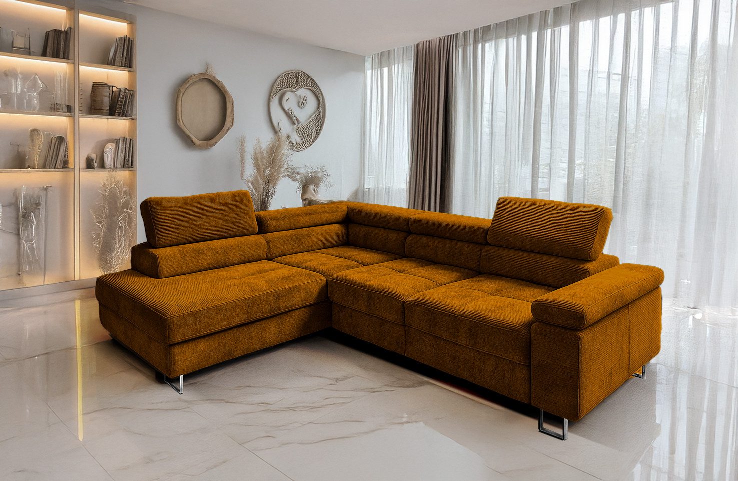 Goldstoff Ecksofa mit Schlaffunktion, Cord Couch günstig online kaufen