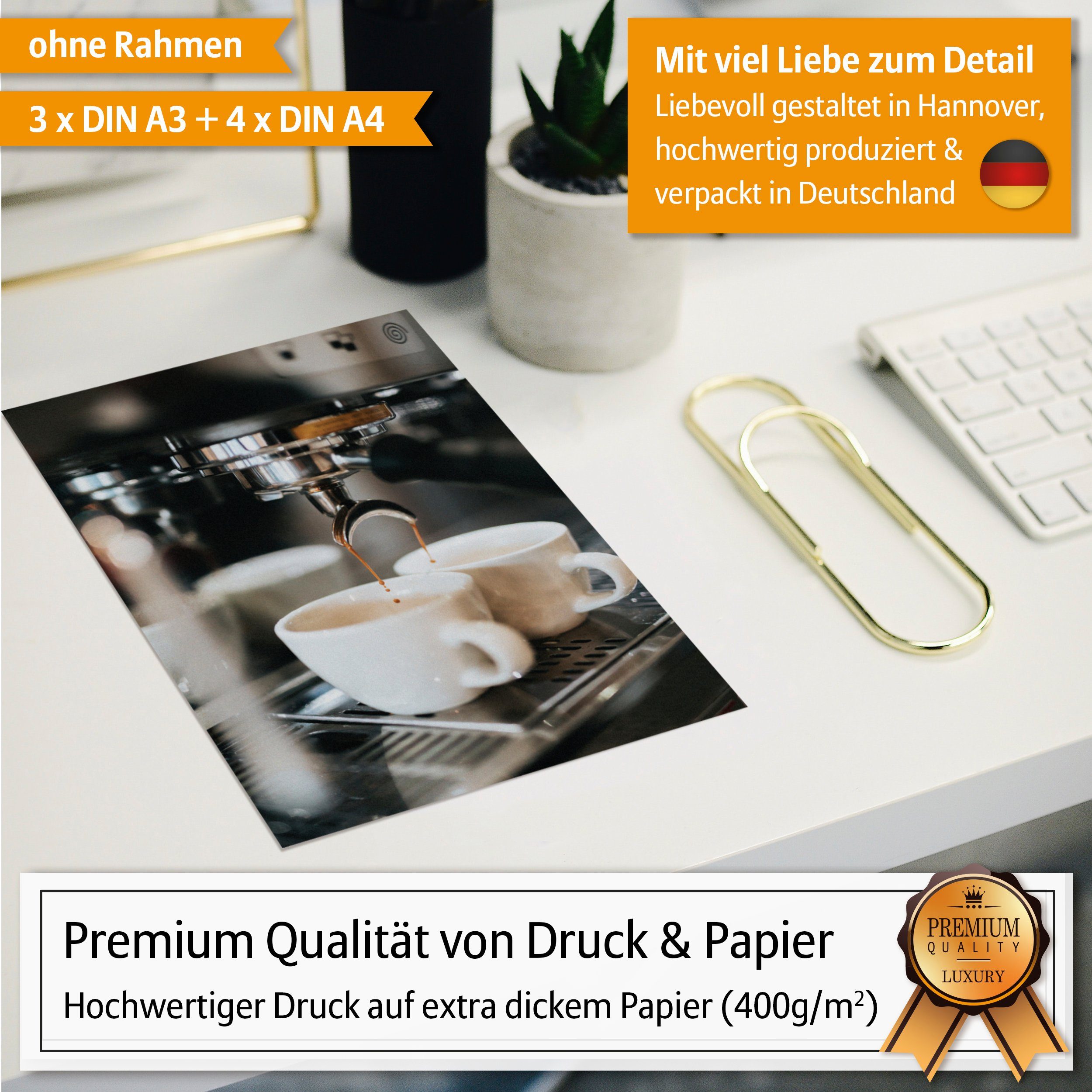 Hyggelig Home Poster Kaffee, Premium Poster Set OHNE & MIT Rahmen - Wandbilder Coffee Guide, Genuss (Set, 7 St), Collage für Küche, Qualitätsdruck dickes Papier