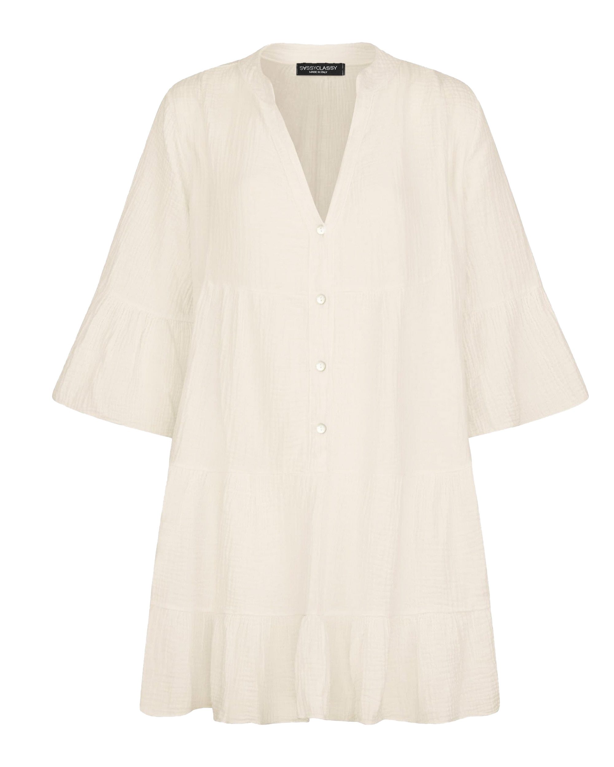 SASSYCLASSY Minikleid Musselin Sommer Kleid 3/4 Ärmel und Volants, 100 % Baumwolle, Made in Italy