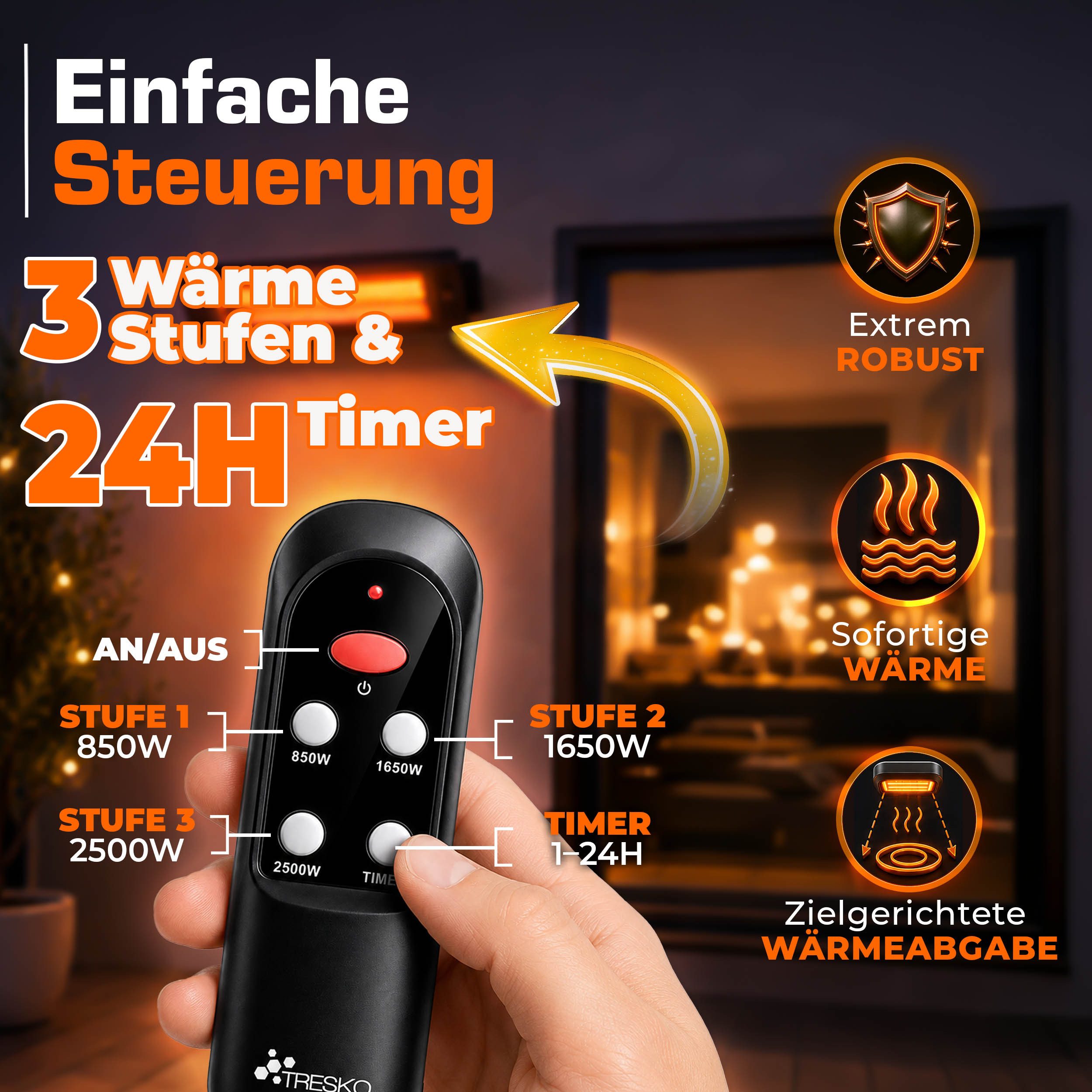 TRESKO Heizstrahler Infrarot Heizstrahler mit Fernbedienung, 3 Stufen & LED Anzeige, 2500 W, Wärmestrahler Wand Terrasse elektrisch Terrassenstrahler – Bild 2 von 5