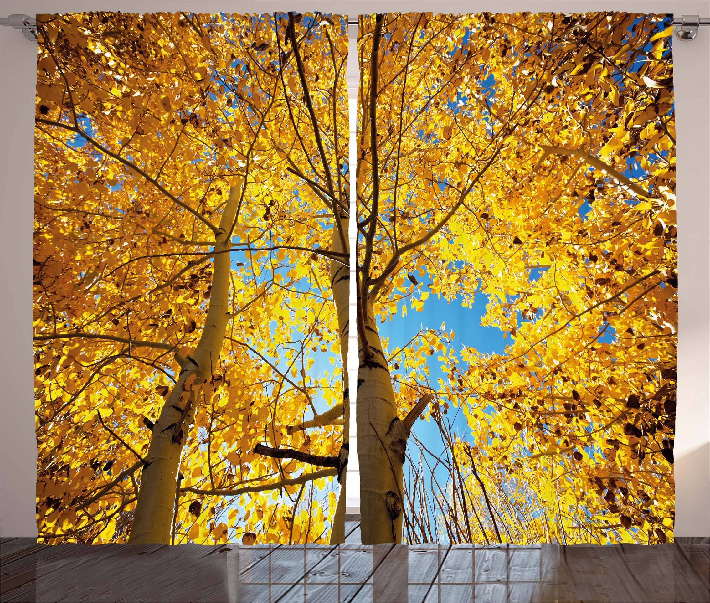 Schlafzimmer und Bäume im Haken, Gardine Natur Abakuhaus, Herbst mit Kräuselband Schlaufen Wald Blatt Vorhang