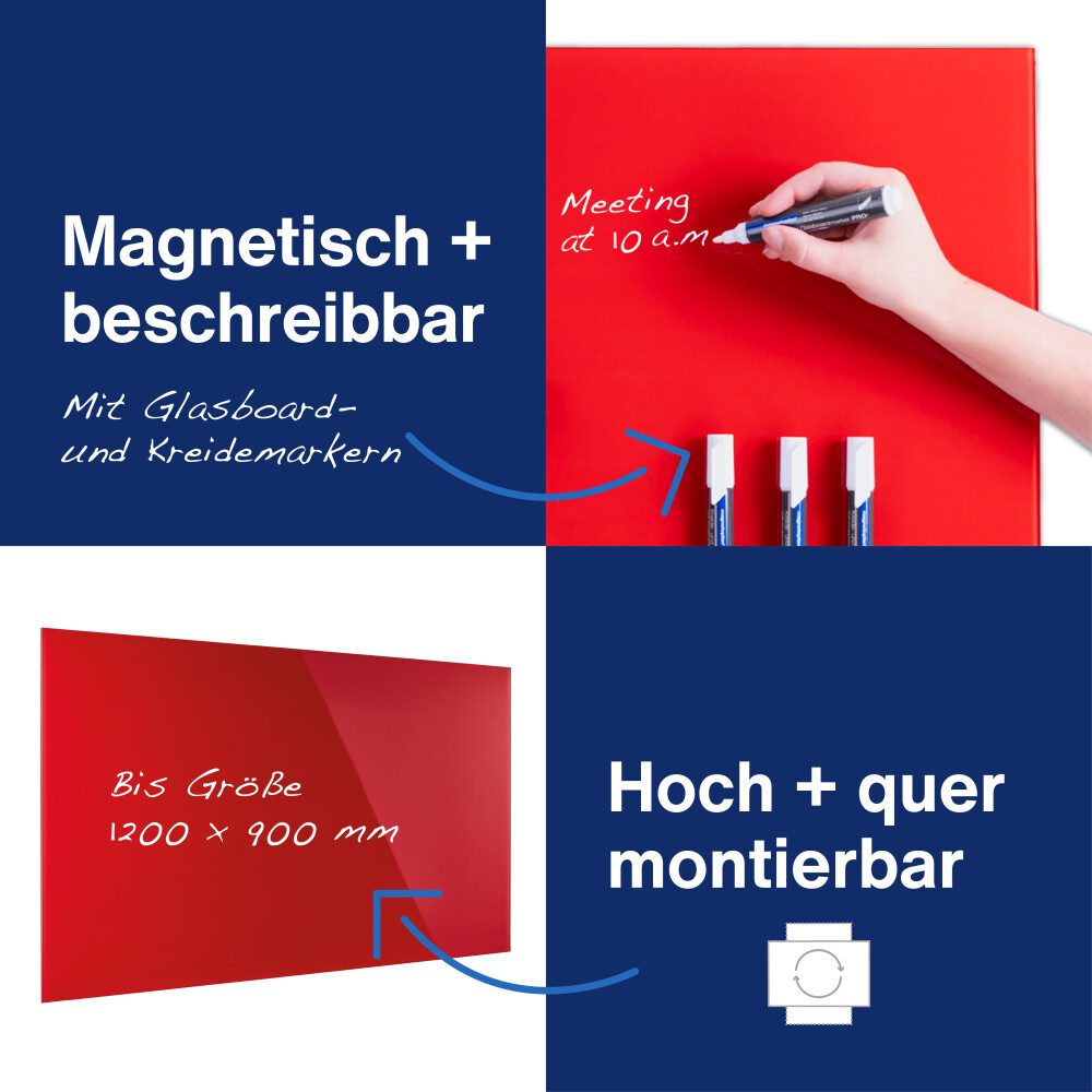 magnetoplan® Anzeigetafel Glas-Magnettafel 80x60cm magnetisch/beschreibbar- Rot - rahmenlos (1-St)