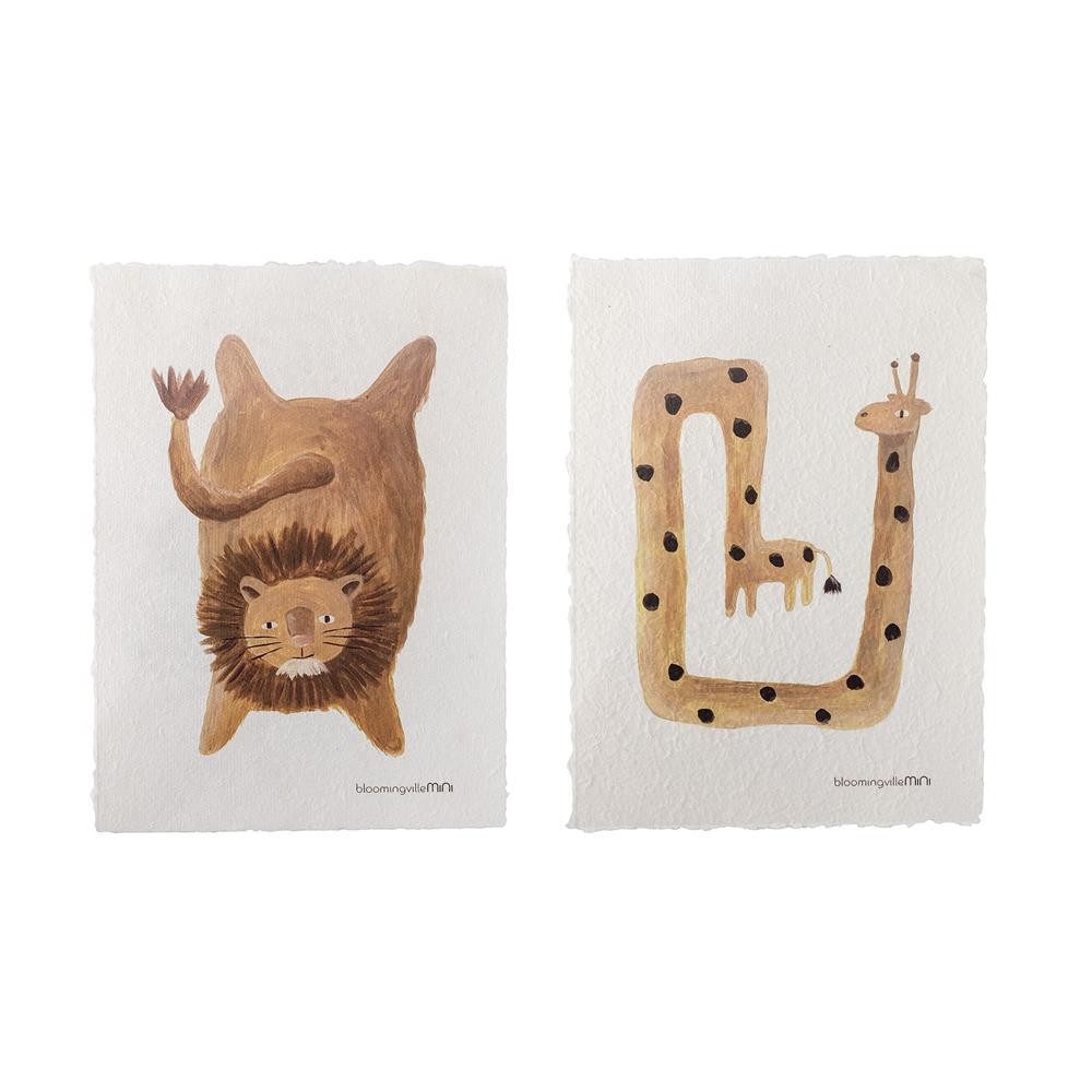 Bloomingville Poster MINI Fritza Poster 2er Set 25x35 cm, Kinderzimmer Wanddeko Löwe Giraffe