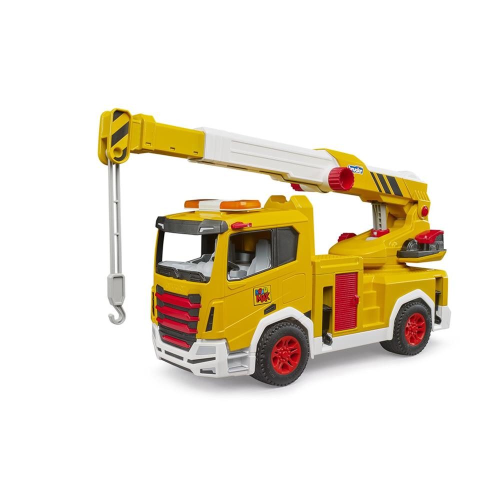 Bruder® Spielzeug-Krankenwagen ROADMAX 03471 Kran-LKW Spielzeugauto, Baustellenfahrzeug, Modellfahrzeug mit drehbarem Kran ausziehbarem Kranausleger Stützen