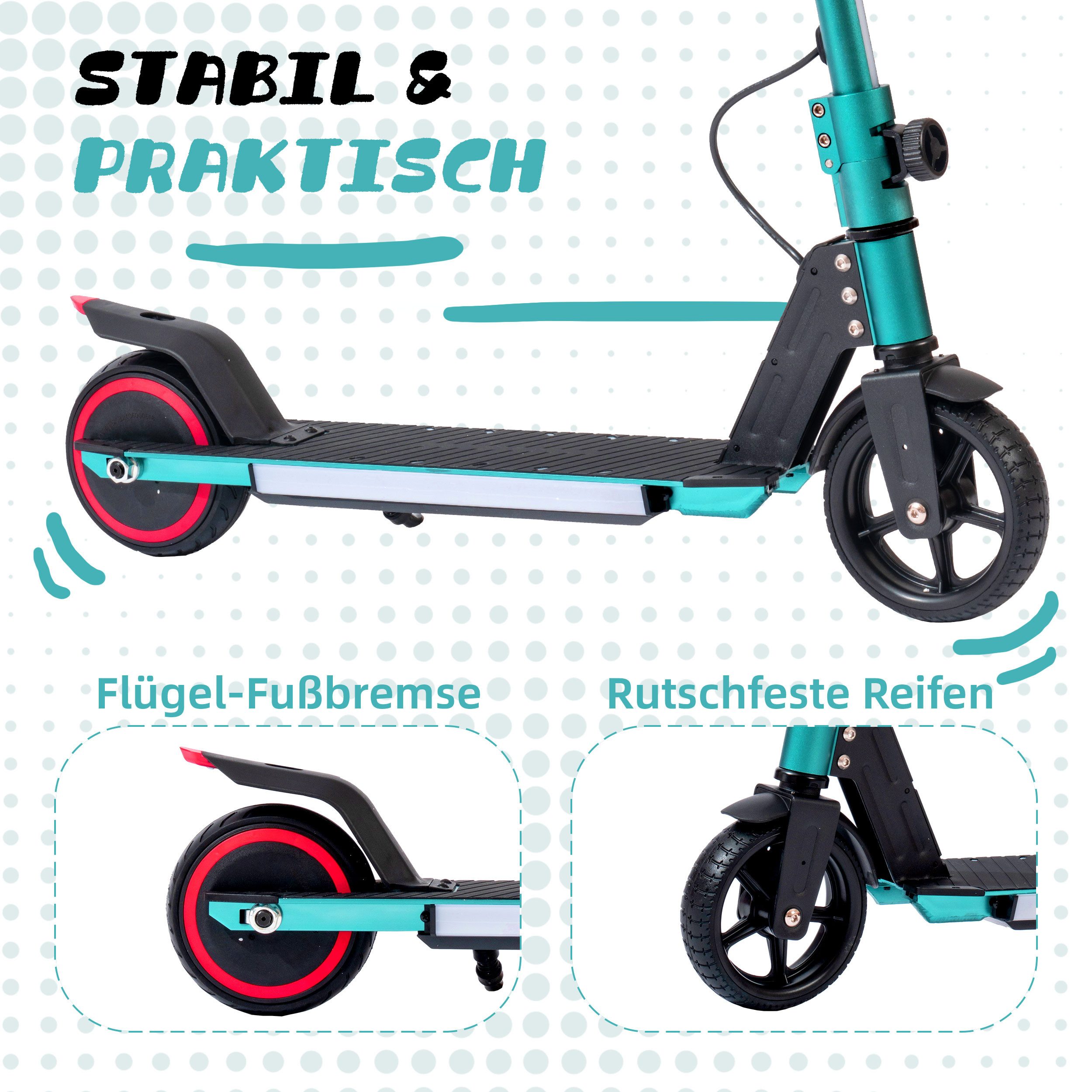 Vankel Elektro-Kinderroller für 6-15 Jahren, 6,5'' E-Roller, max. 5-8km, klappbar, Belastbarkeit 50 kg, 14km/h, faltbarer Cityroller, mit Beleuchtung, EBS+Fußbremse