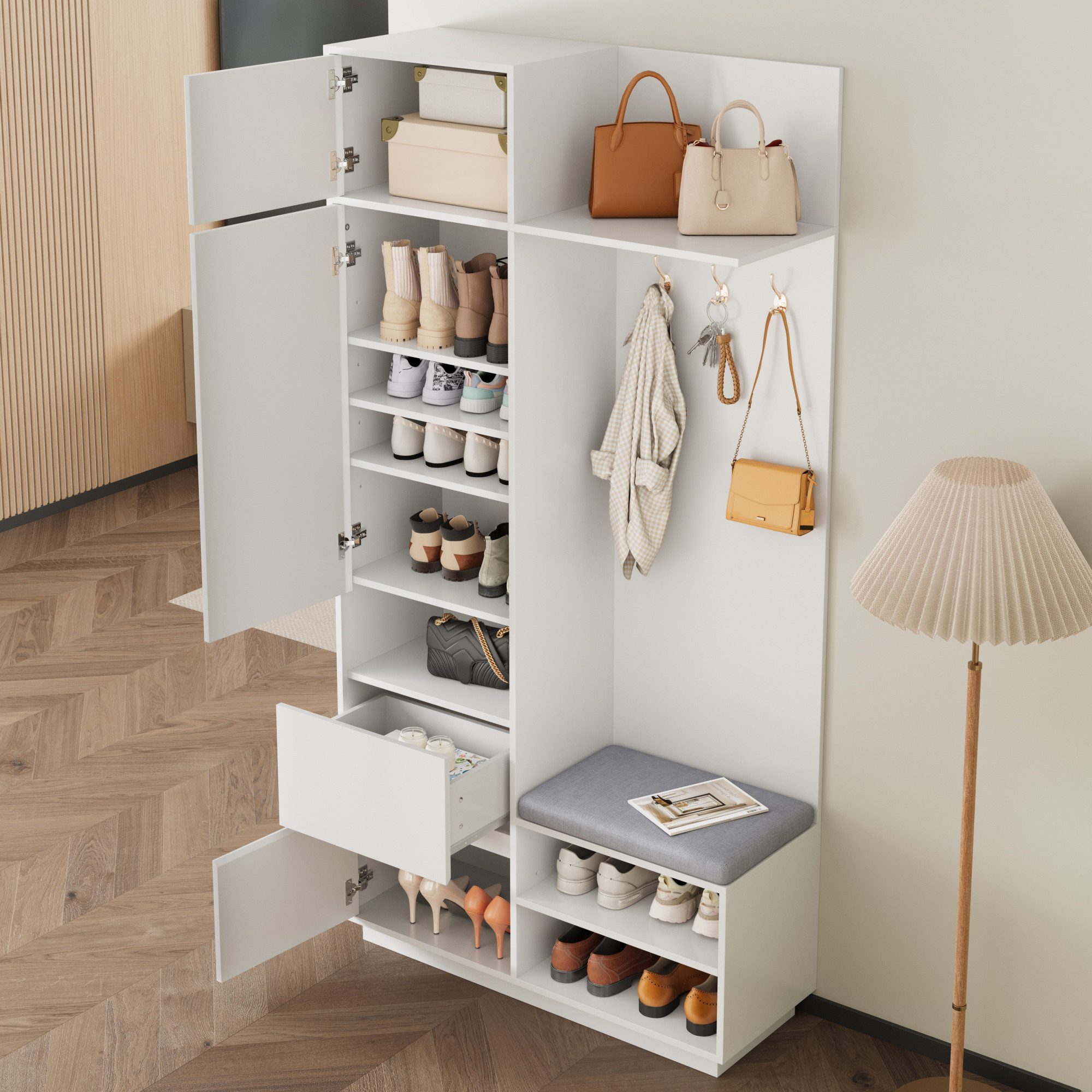 Merax Garderoben-Set 5-in-1 Kompaktgarderobe Scandi Garderobenkombination, (1-St., 90 L × 34,5 B × 190 H (cm), Flurgarderoben Set mit Spiegel Sitzbank Schuhregal Schubladen & Haken