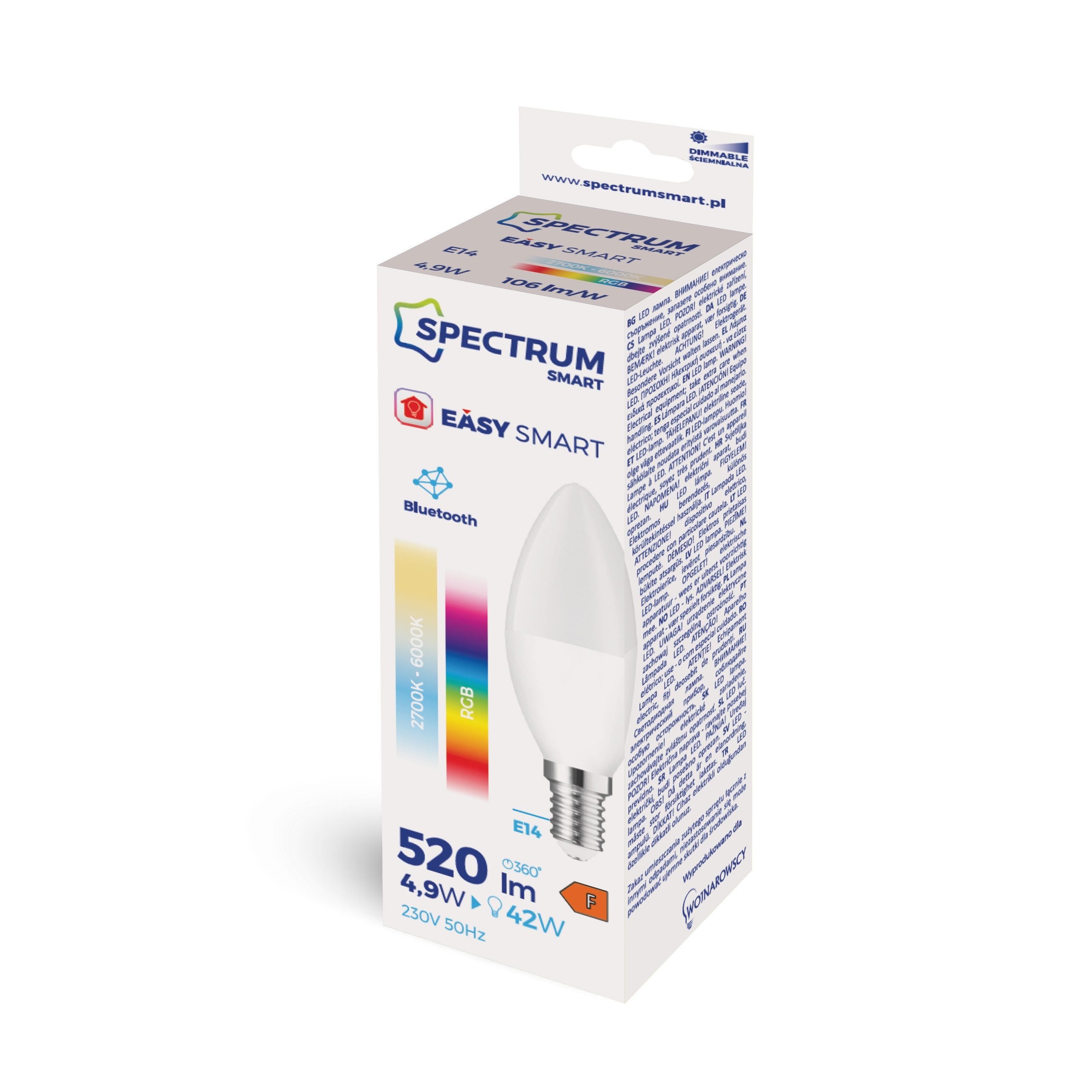 Spectrum LED-Leuchtmittel LED E14 C37 EASY SMART APP 4,9W = 42W 520lm BLUETOOTH 2700K-6000K DIMM, E14, Farbwechsler, CCT-Farbtemperatursteuerung - warmweiß bis tageslichtweiß, RGB