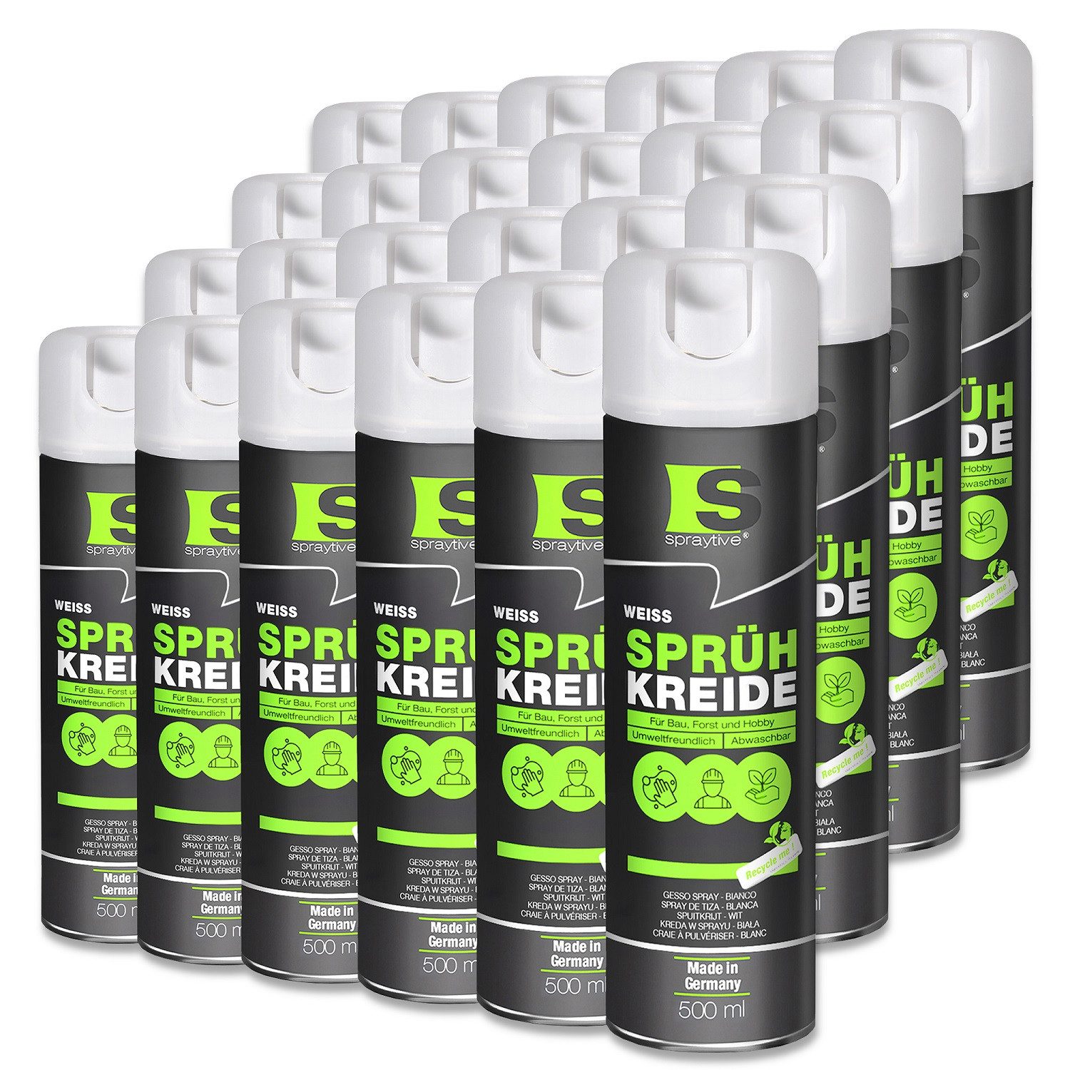 Spraytive Sprühfarbe 24x 500ml Sprühkreide weiß, abwaschbare leuchtende Kreidefarbe Outdoor, Made in Germany