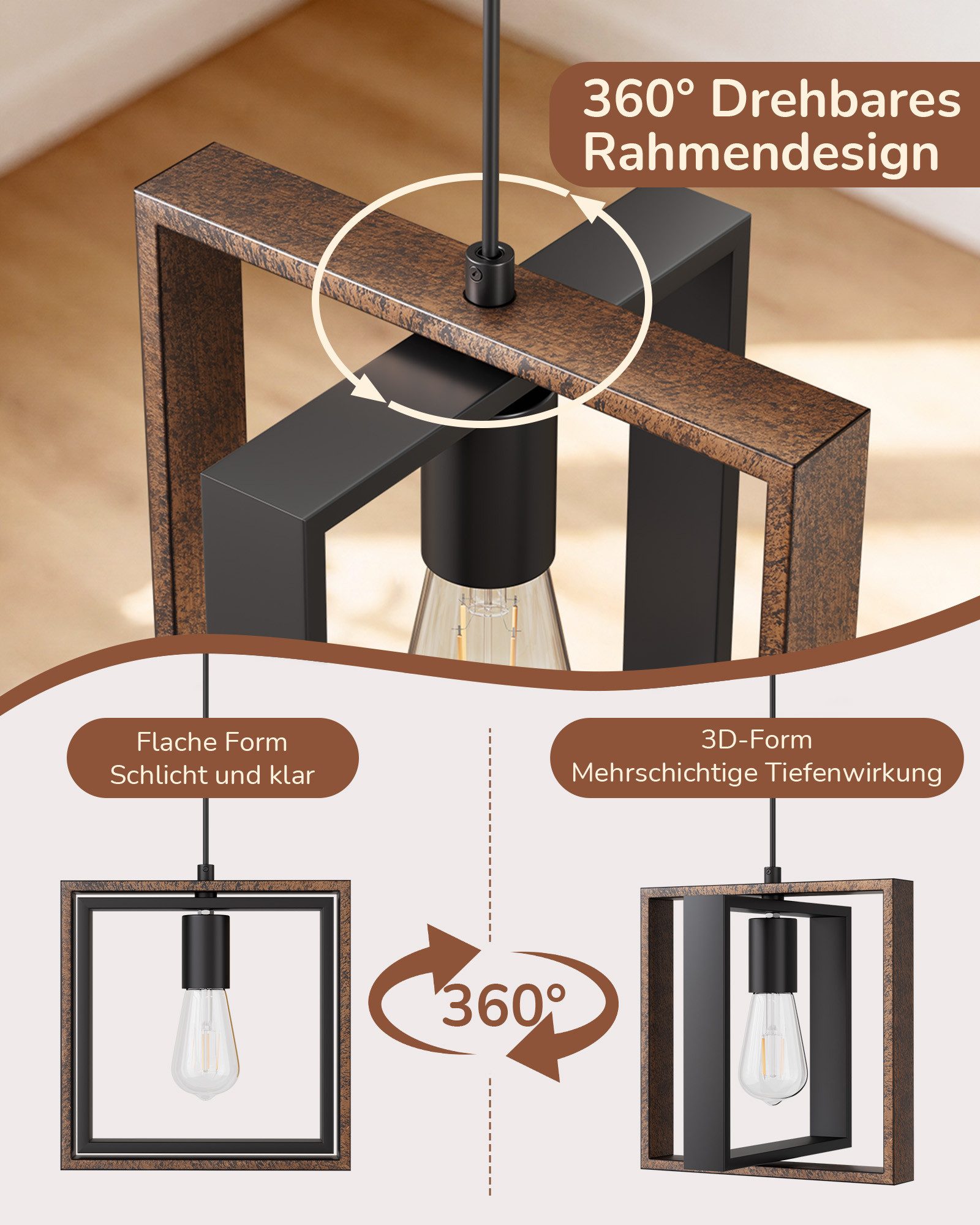 EDISHINE Pendelleuchte, LED wechselbar, 1.5m Höheverstellbar, Hängellampe Vintage Stil
