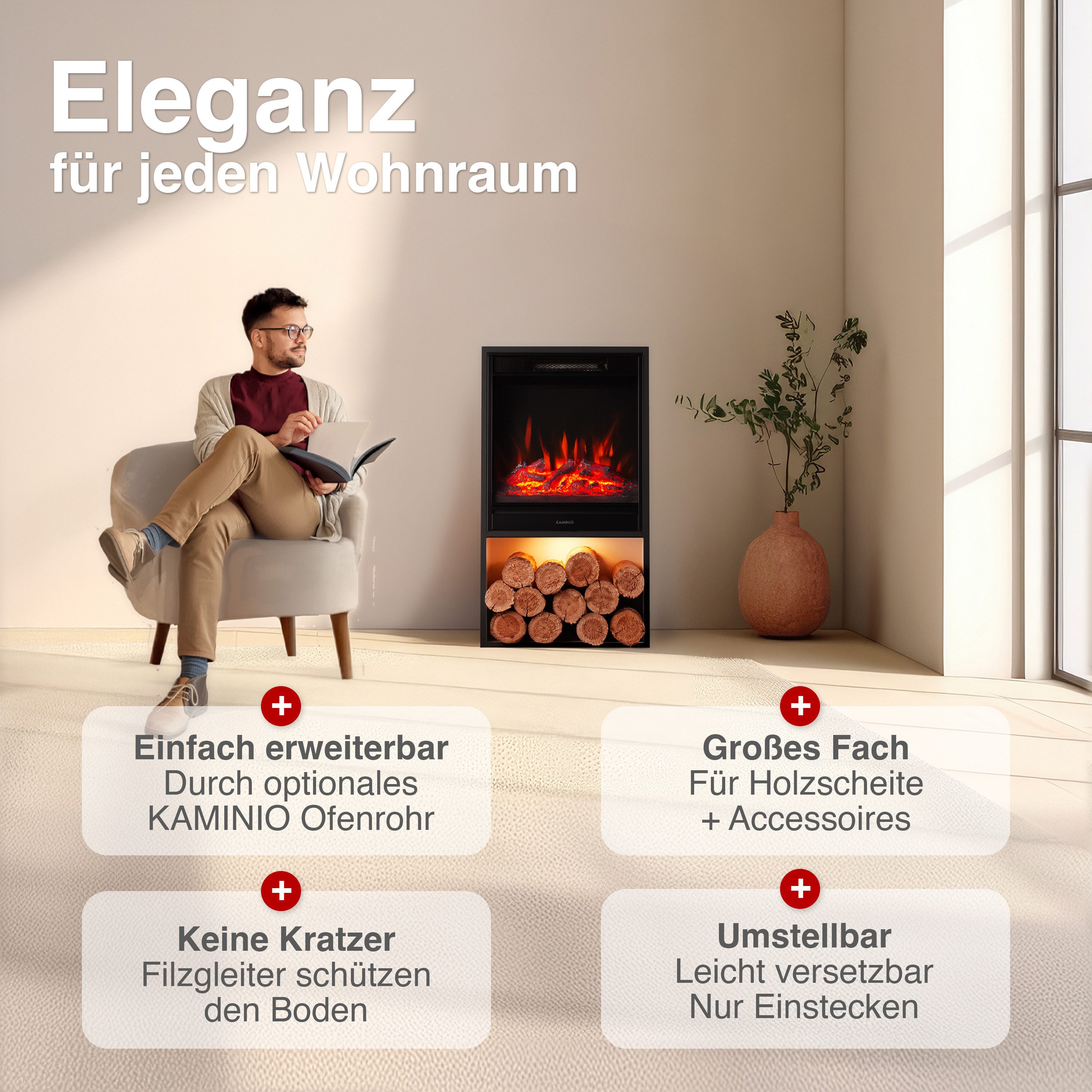 KAMINIO Elektrokamin HUGO, Elektrischer Kamin mit 3D-Flammeneffekt, Heizung 1800W