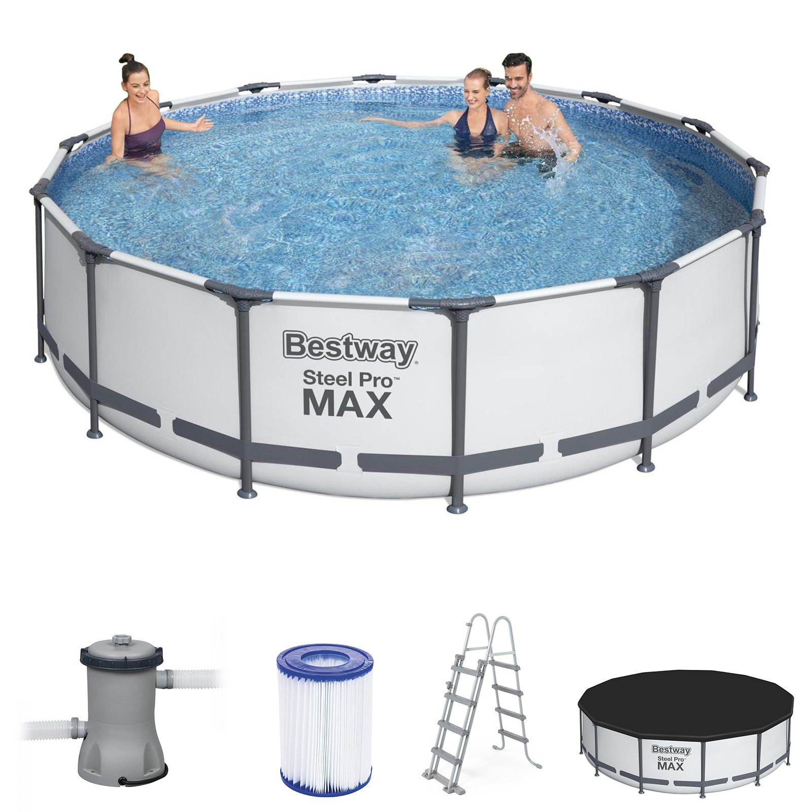 BESTWAY Framepool Steel Pro MAX Pool Swimmingpool rund weiß Pumpe Leiter Cover 427x107cm (56950)
