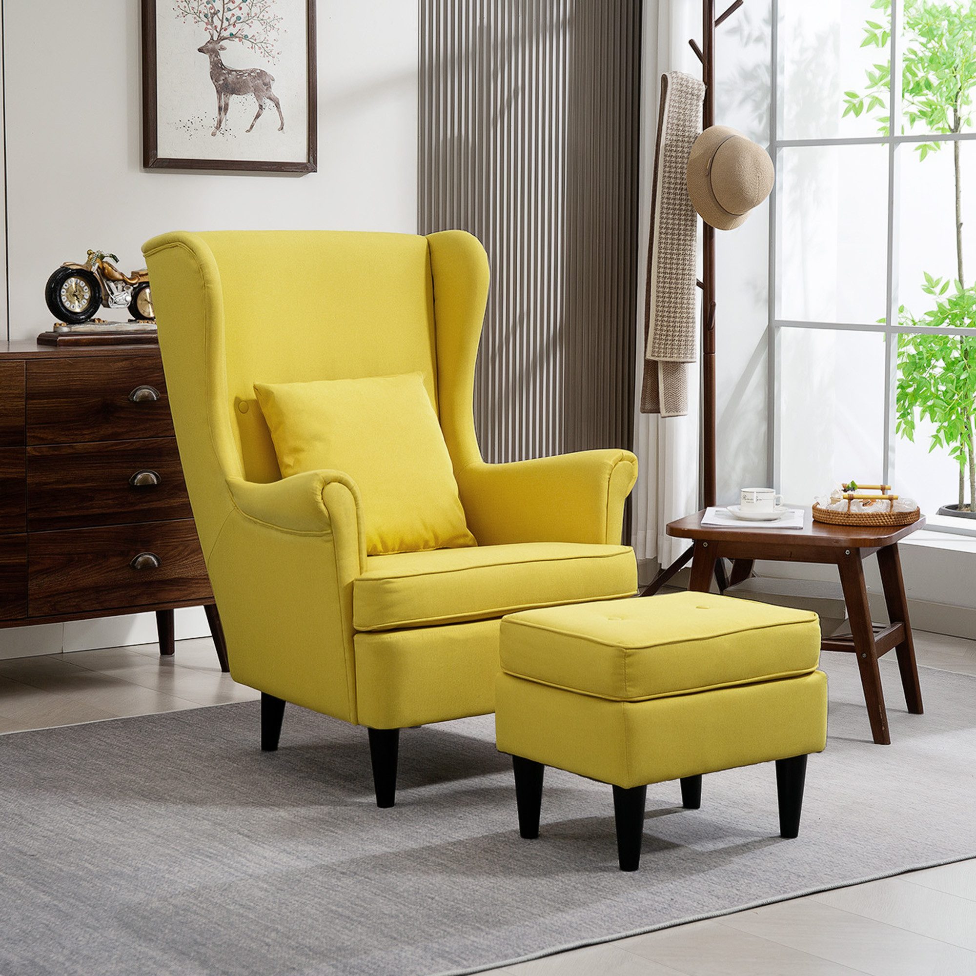 HOMCOM Relaxsessel Ohrensessel, Sessel mit Leinenoptik, Lendenkissen, Loungesessel (Set, 2-St., bestehend aus Sessel und Hocker), für Wohnzimmer Schlafzimmer Gelb