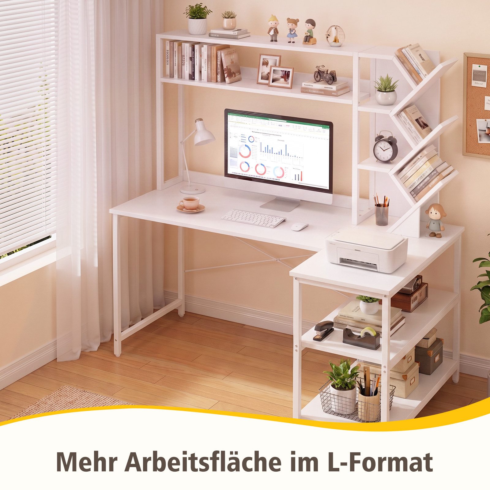 Patbrela Eckschreibtisch L-form mit Bücherregal 130 cm Computertisch, viel Stauraum, für Homeoffice und Arbeitszimmer – Bild 5 von 5