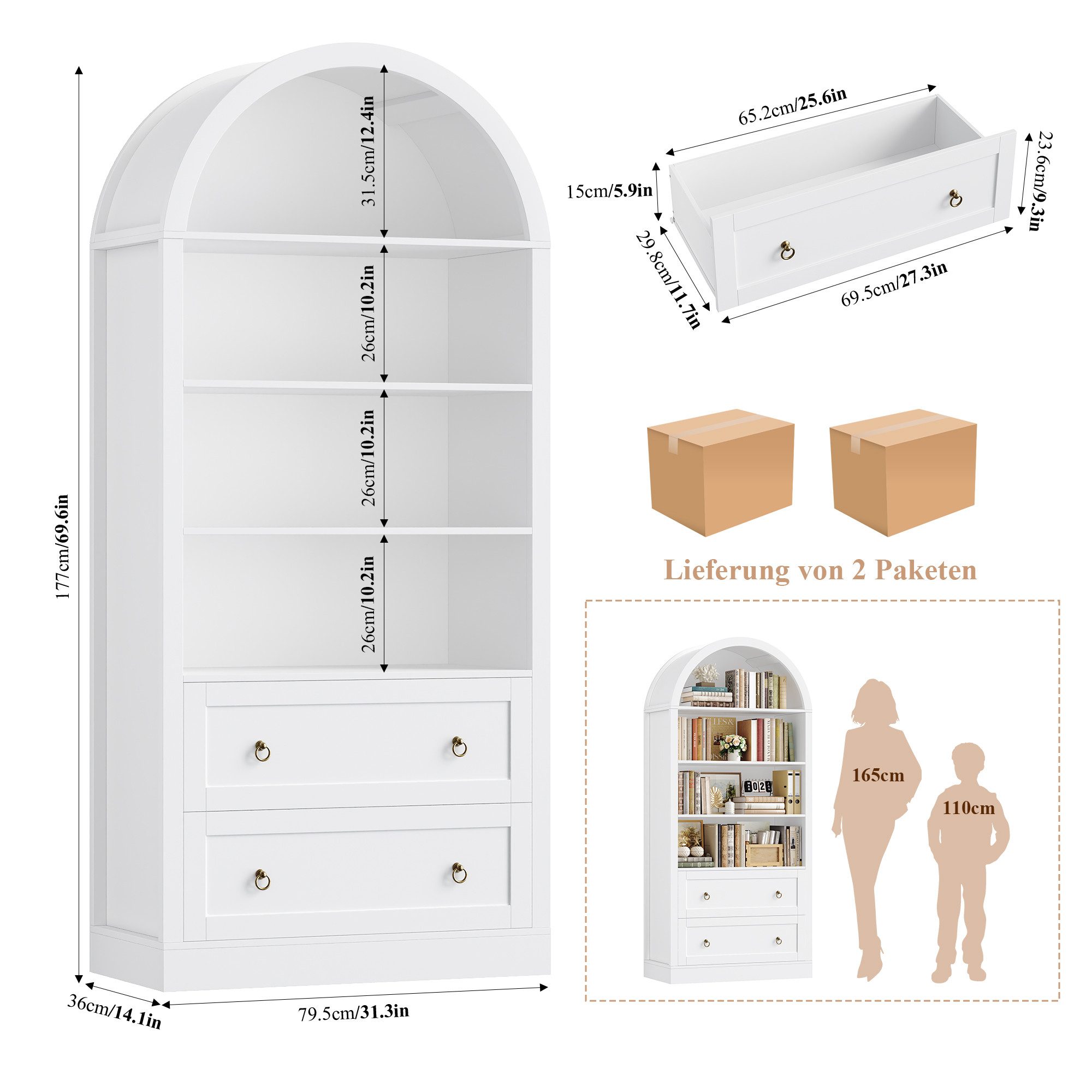 Homfa Bücherregal gewölbter Bücherschrank mit 2 Schubladen, Standregal mit 8 offenen Fächern Büroregal Holz 177x79,5x36cm