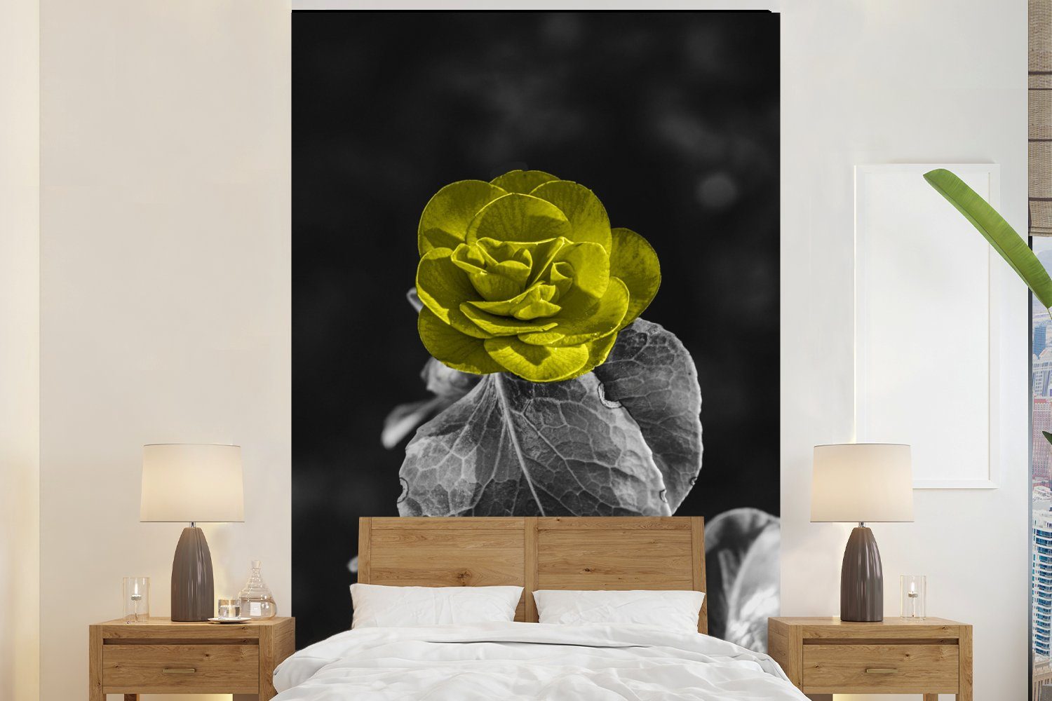 MuchoWow Fototapete Blumen - Rose - Gelb - Schwarz - Weiß, Matt, bedruckt, (3 St), Montagefertig Vinyl Tapete für Wohnzimmer, Wandtapete