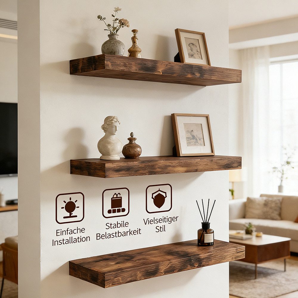 PFCTART Wandregal Wandregal 3er Set 40 cm Vintagebraun aus MDF & Stahl, Set 3-tlg., Schweberegal belastbar bis 10 kg – modern & platzsparend
