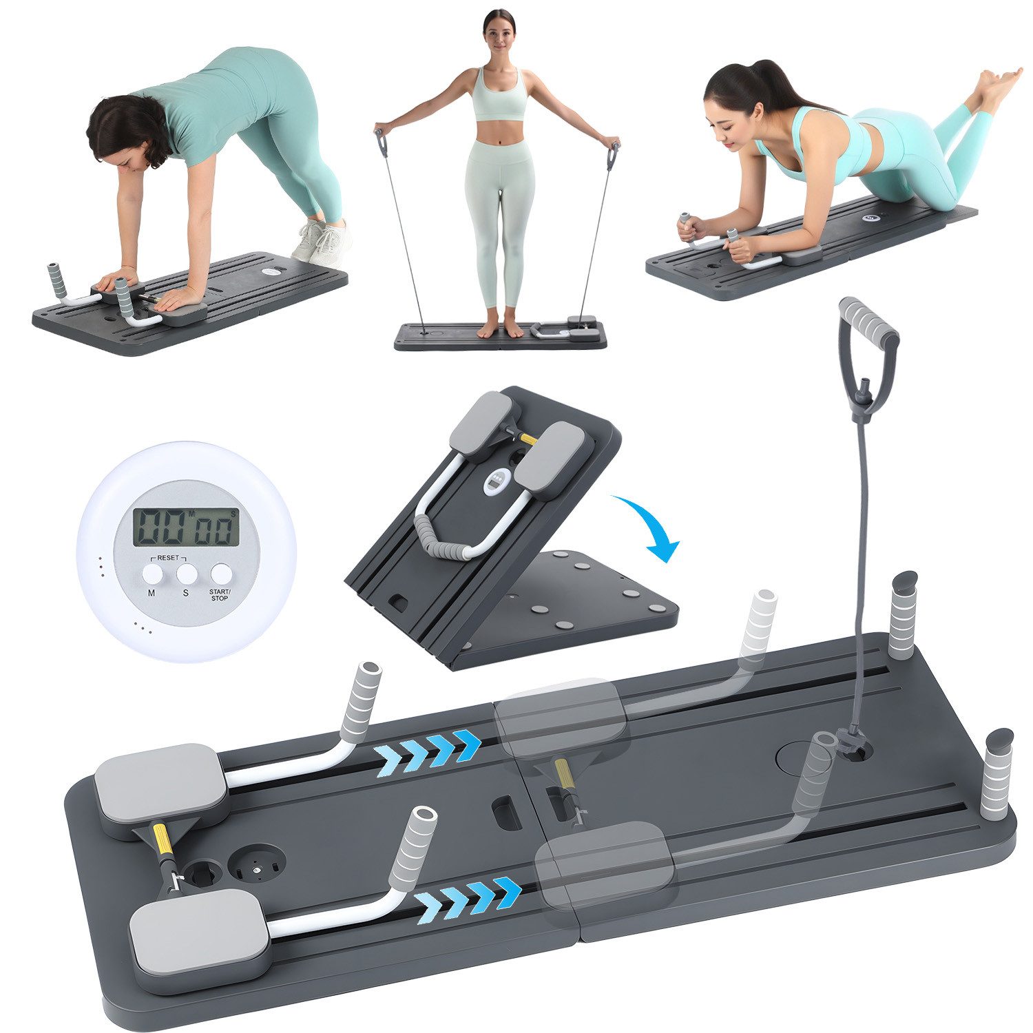 LETGOSPT Liegestützgriffe Pilates Board 2025 Verbessertes Faltbarer Pilates-Body-Shaping-Set (Multifunktionales Pilates-Set mit LED-Zähler, Bauchtrainer, Ellenbogenstütze, Widerstandsband,Yogaboard), für Zuhause und Fitnessstudio