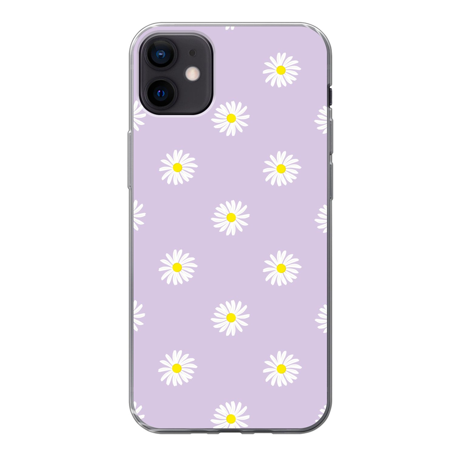 MuchoWow Handyhülle für Apple iPhone 12 mini Gänseblümchen - Pastell - Weiß - Lila - Blume, Smartphone-Bumper, Print, Handy Schutzhülle Dünn