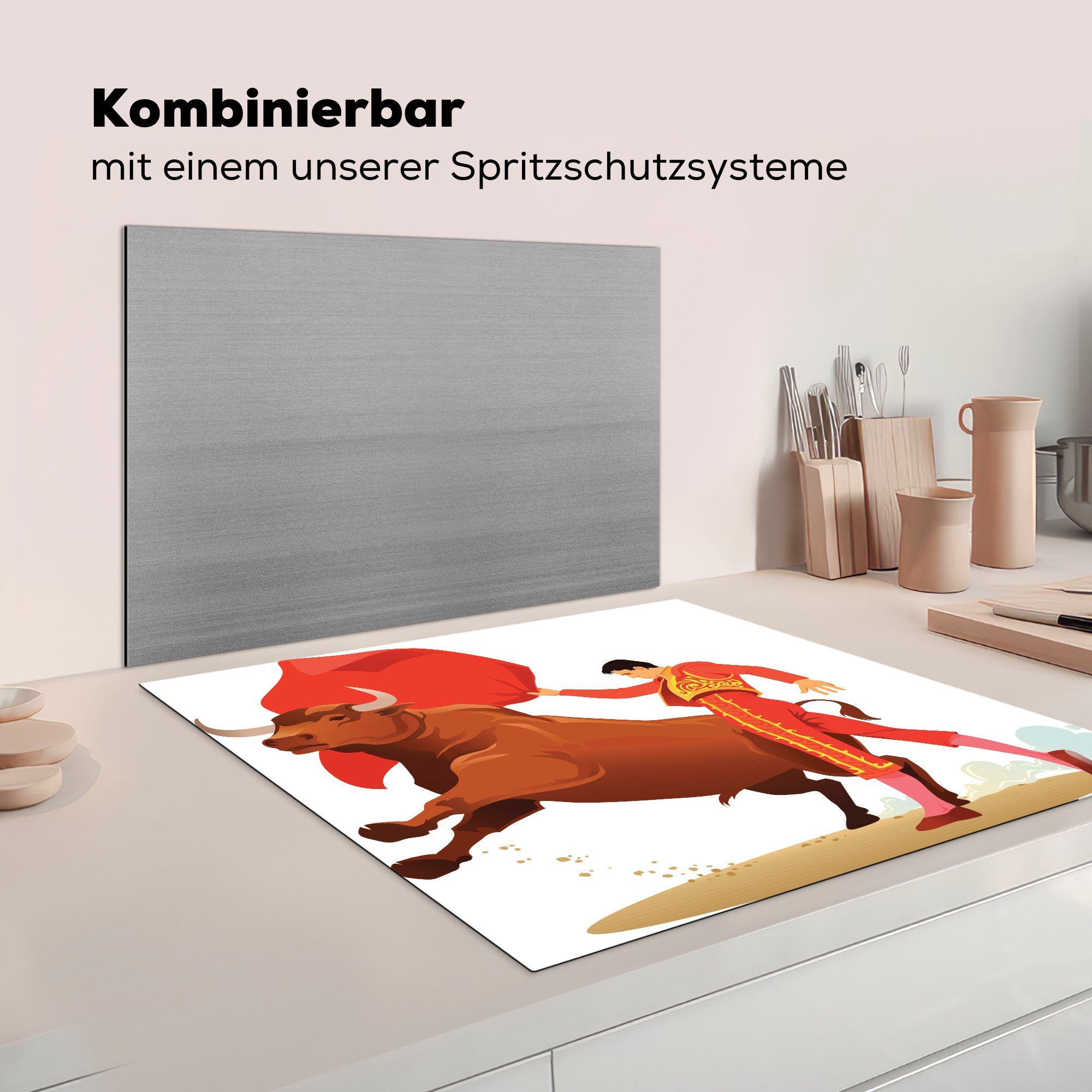 MuchoWow Herdblende-/Abdeckplatte Eine Illustration küche 78x78 eines (1 tlg), Vinyl, Arbeitsplatte Stierkämpfers, Ceranfeldabdeckung, für cm