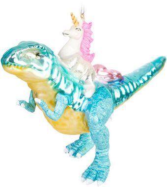 BRUBAKER Weihnachtsbaumkugel Einhorn reitet auf Dinosaurier Weihnachtskugel aus Glas - Handbemalt (1 St), Christbaumschmuck Dino Figur Lustig - Raptor Xmas