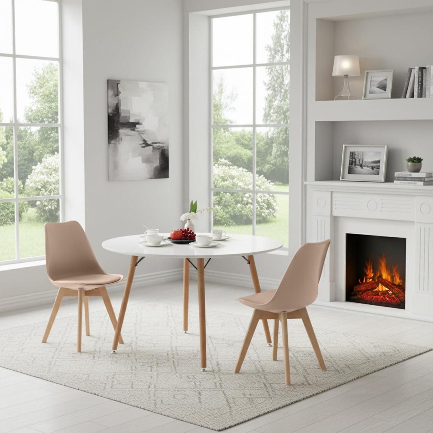 LuxusKollektion Esstisch Esstisch Stuhl Set 120CM-Esstisch Weiß 2 Khaki Buche Stühle (1-St)