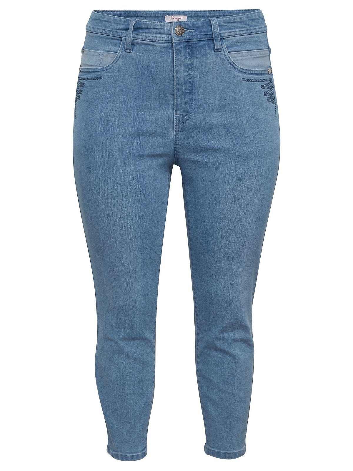 blue in vorn light 7/8-Länge, Größen used Sheego Große Stickerei mit Denim Stretch-Jeans