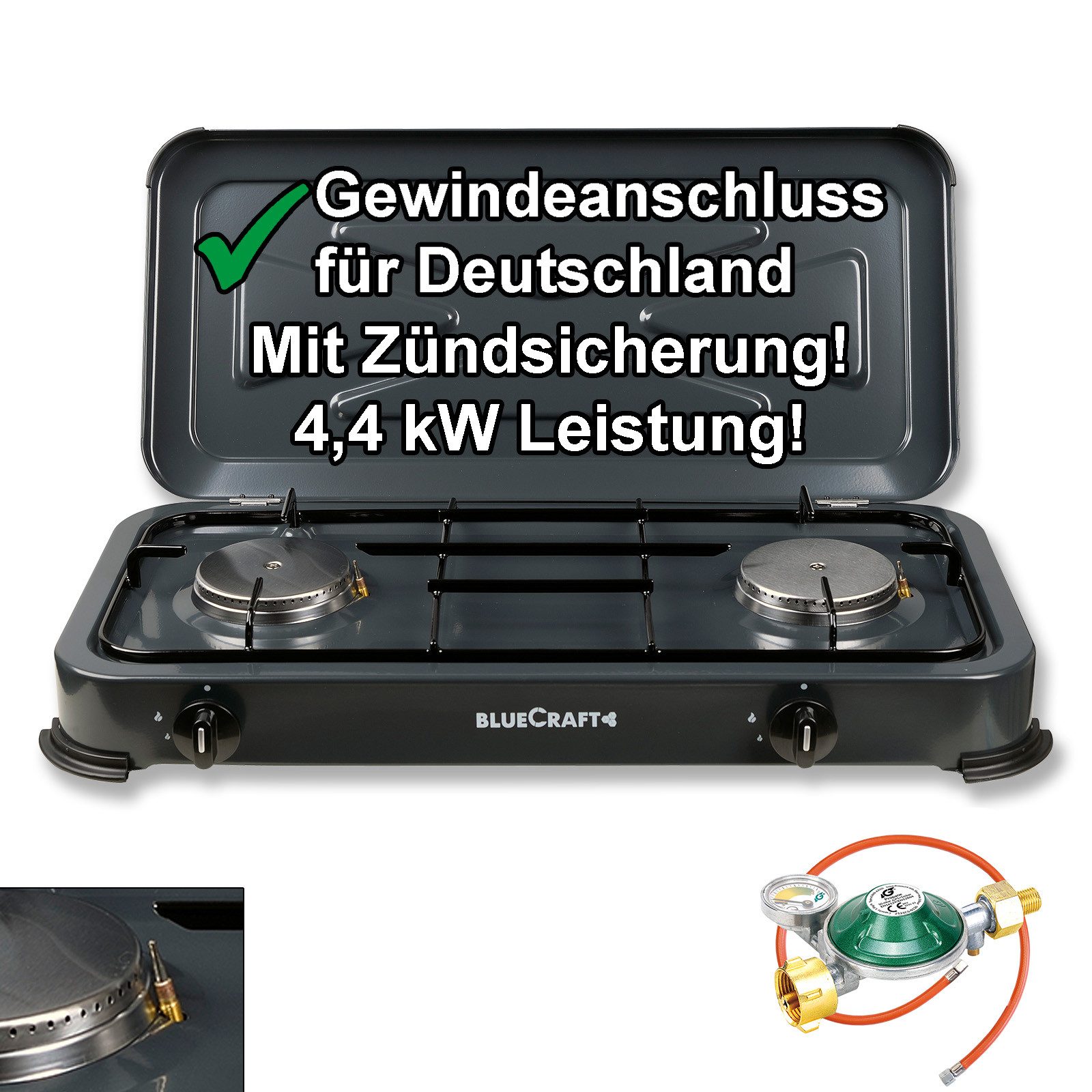 BlueCraft Gaskocher 2 flammig mit Zündsicherung 50mbar Propan Gas Campingkocher 4,4 kW, (mit Schlauch 100 cm und Gas Regler Druckminderer mit Manometer), Camping Gas Kocher 2 flammen für Gasflasche Gasherd Gas-Kochfeld