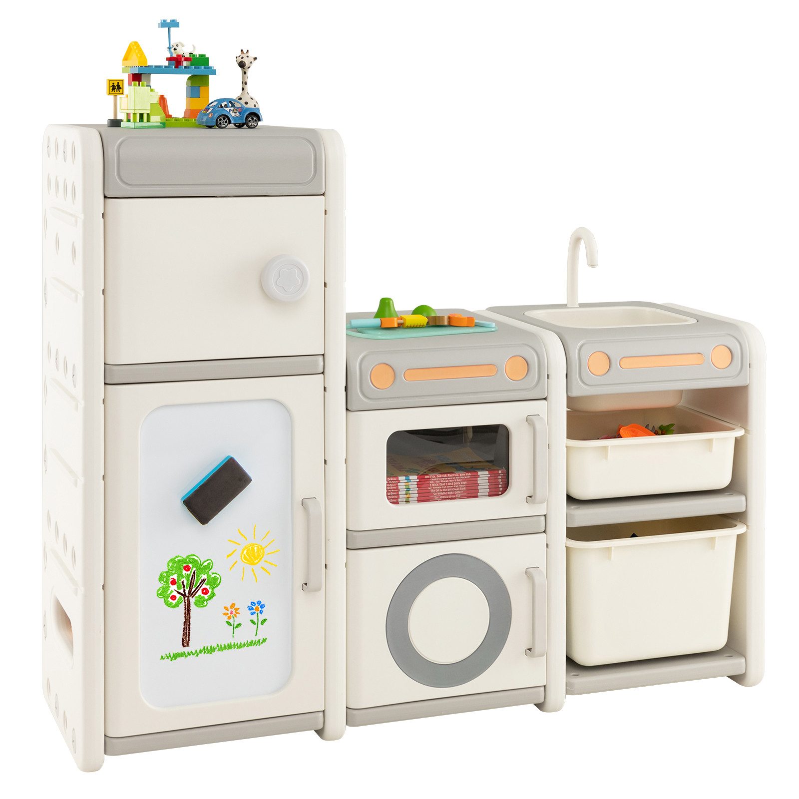 COSTWAY Kinderregal Spielzeugregal, mit 4 Schränke, 1 Aufbewahrungsbox