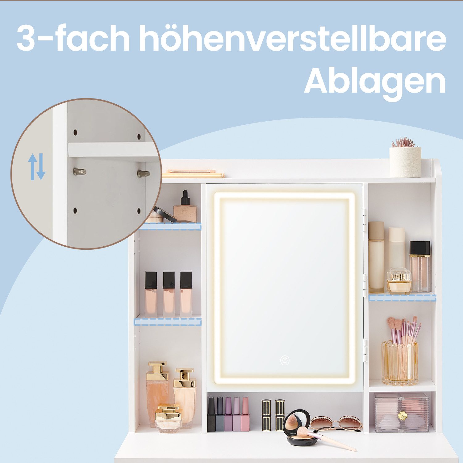 VASAGLE Schminktisch Frisiertisch mit Spiegel, Kosmetiktisch mit Schubladen (1 Tisch), 40 x 98,3 x 145 cm, verstellbaren Ablagen, modern – Bild 5 von 5