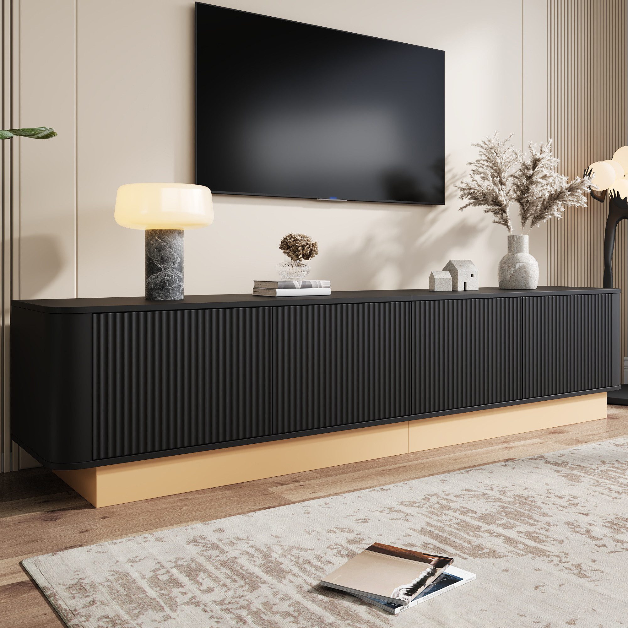 Merax Lowboard mit Rillenoptik, Fernsehtisch mit abgerundeten Ecken Design (200 x 40 x 47,5 cm (L x B x H), 1 St), TV-Schrank mit 4 Türen, höhenverstellbarer Fächer & Stauraum
