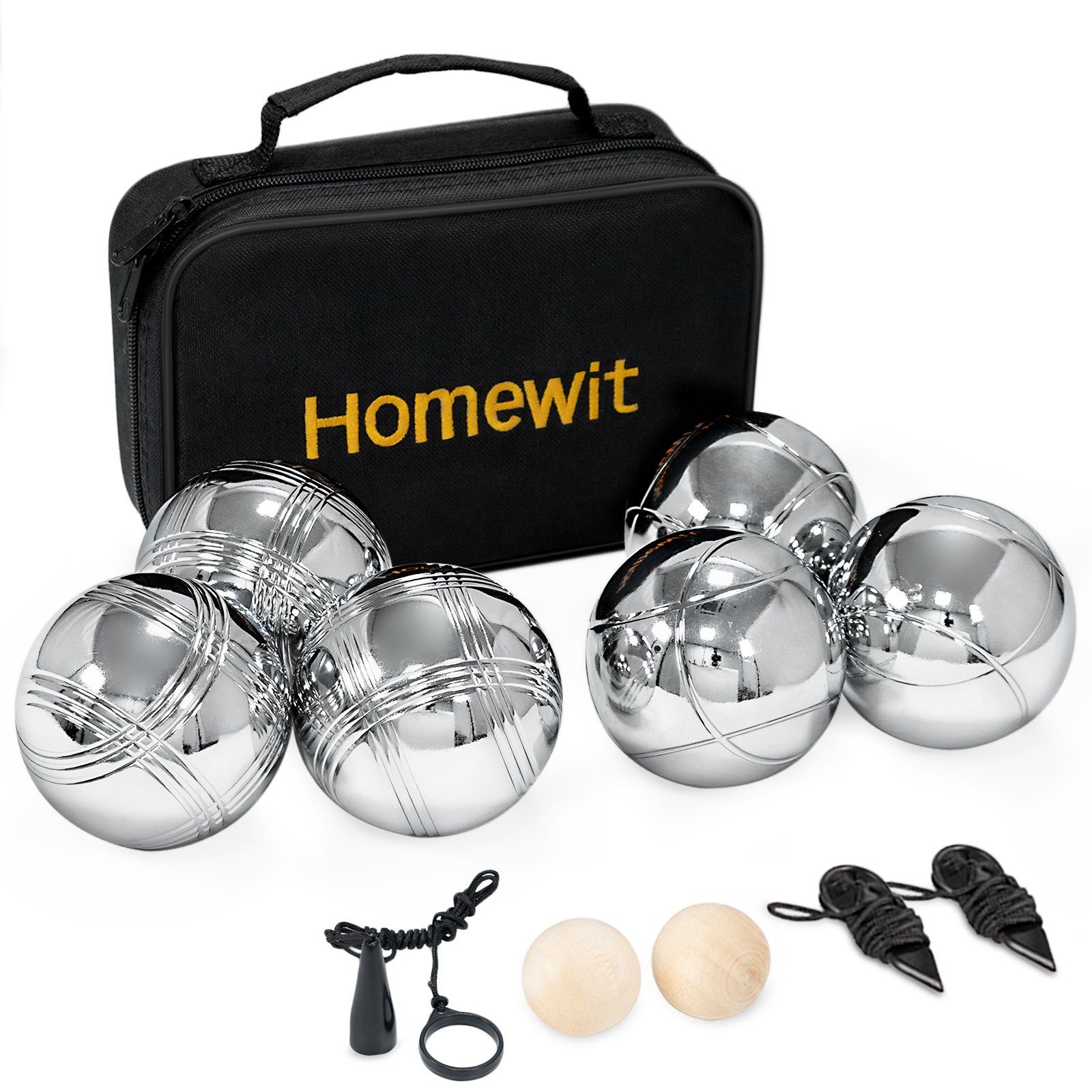 Homewit Spielball Boule Set mit 2 Holzkugel, 2 Abstandsmesser, Magnetvorrichtung, Tasche (Packung set, 6er-Pack), Boules-Kugel Set für Outdoor Sport Spiel Spaß