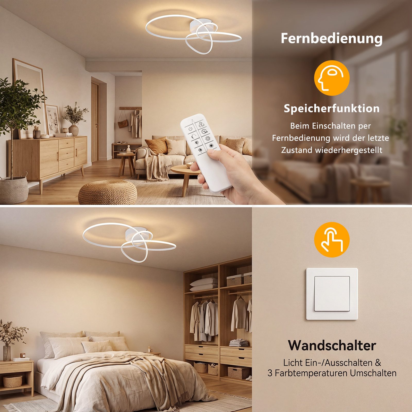 Nettlife LED Deckenleuchte Schwarz/Weiß Modern Dimmbar Deckenlampe mit Fernbedienung, LED fest integriert, warmweiß, für Schlafzimmer Wohnzimmer Küche Deckenlam – Bild 3 von 5