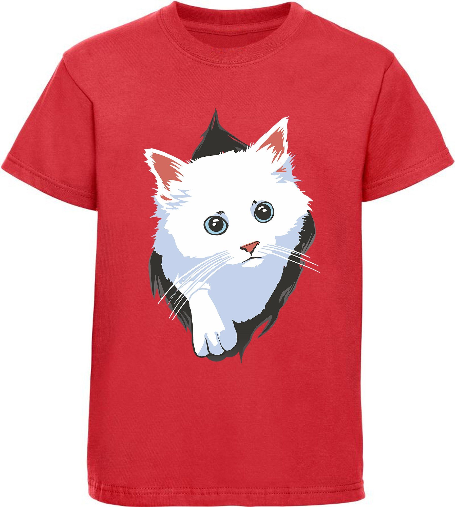 MyDesign24 Print-Shirt bedrucktes Mädchen Katzen T-Shirt - weiße Katze aus dem Shirt Baumwollshirt mit Aufdruck, schwarz, rot, weiß, rosa, i113