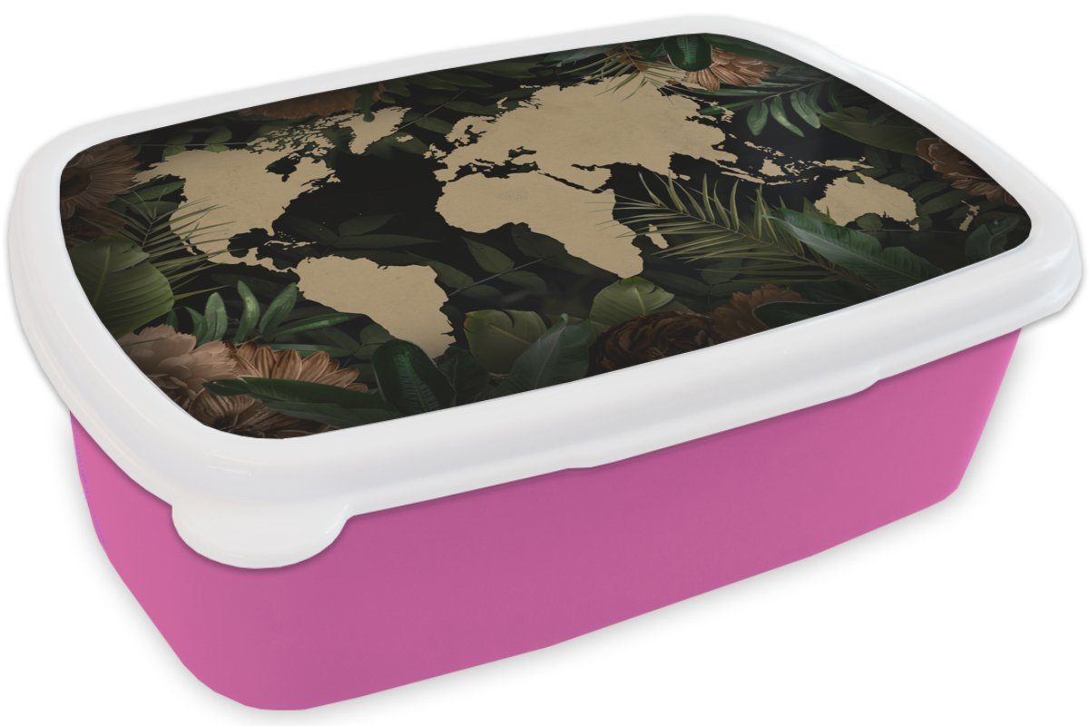 rosa Mädchen, Brotdose Tropische Weltkarte Snackbox, Lunchbox Brotbox Pflanzen, für - Blätter Kunststoff Erwachsene, Kinder, Kunststoff, (2-tlg), MuchoWow -